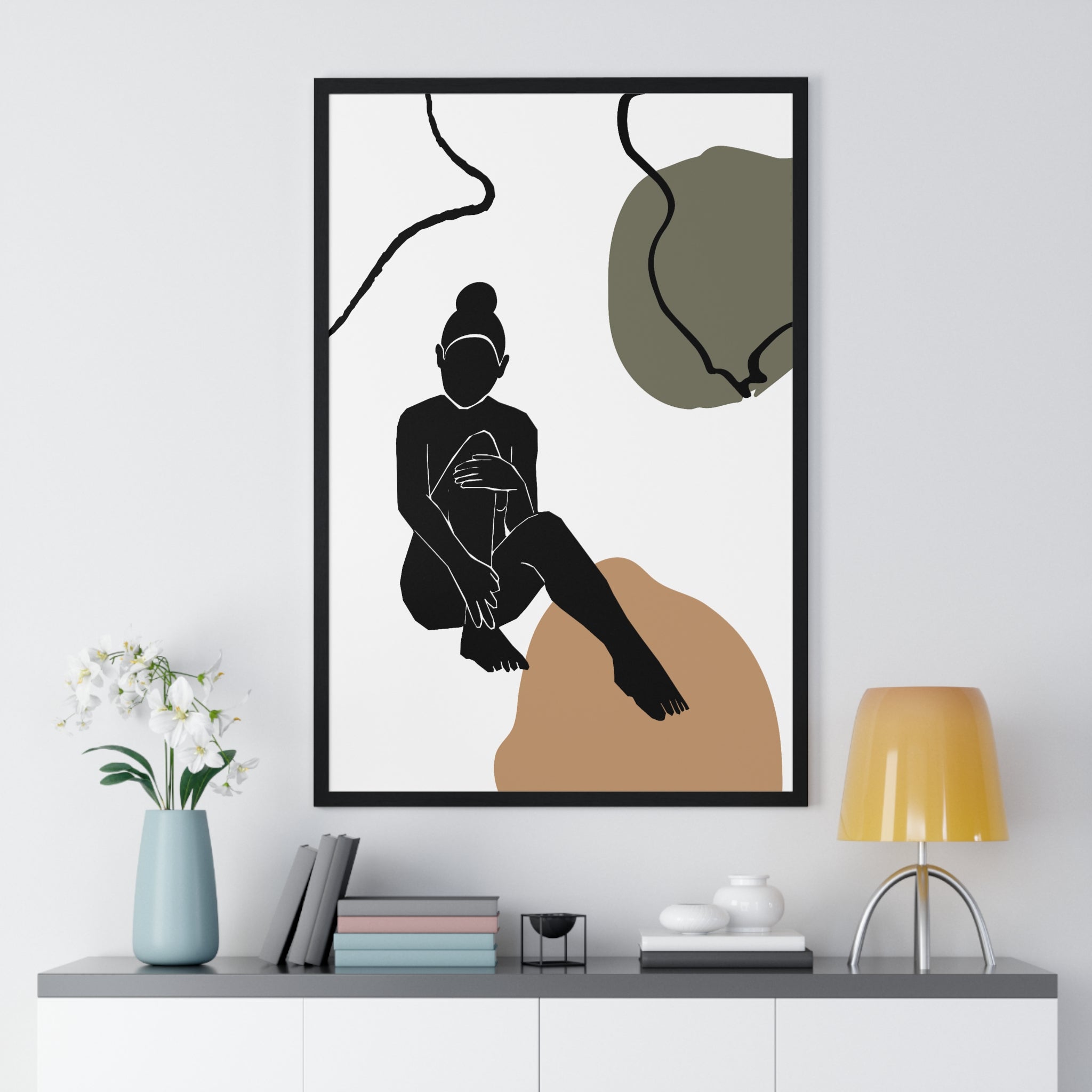 Minimalist Seated Silhouette – Earth Tone Abstract Poster in Premium Wooden Frame