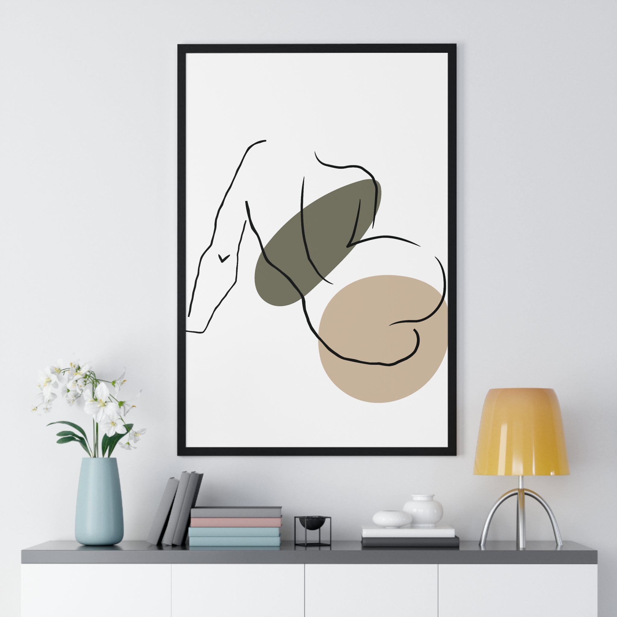 Minimalist Seated Figure Line Art – Abstract Gray & Beige Print in Wooden Frame