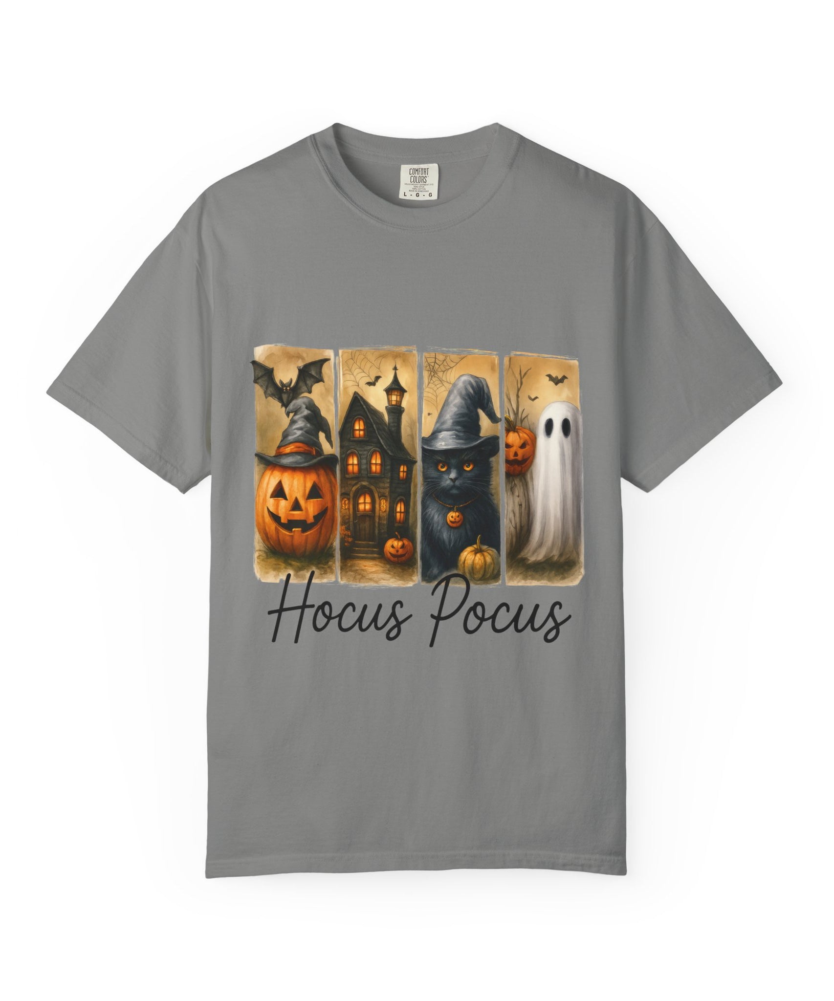 Hocus Pocus Halloween Unisex T-Shirt – Witchy Cat, Haunted House, Pumpkin & Ghost Art - Gallory Hive