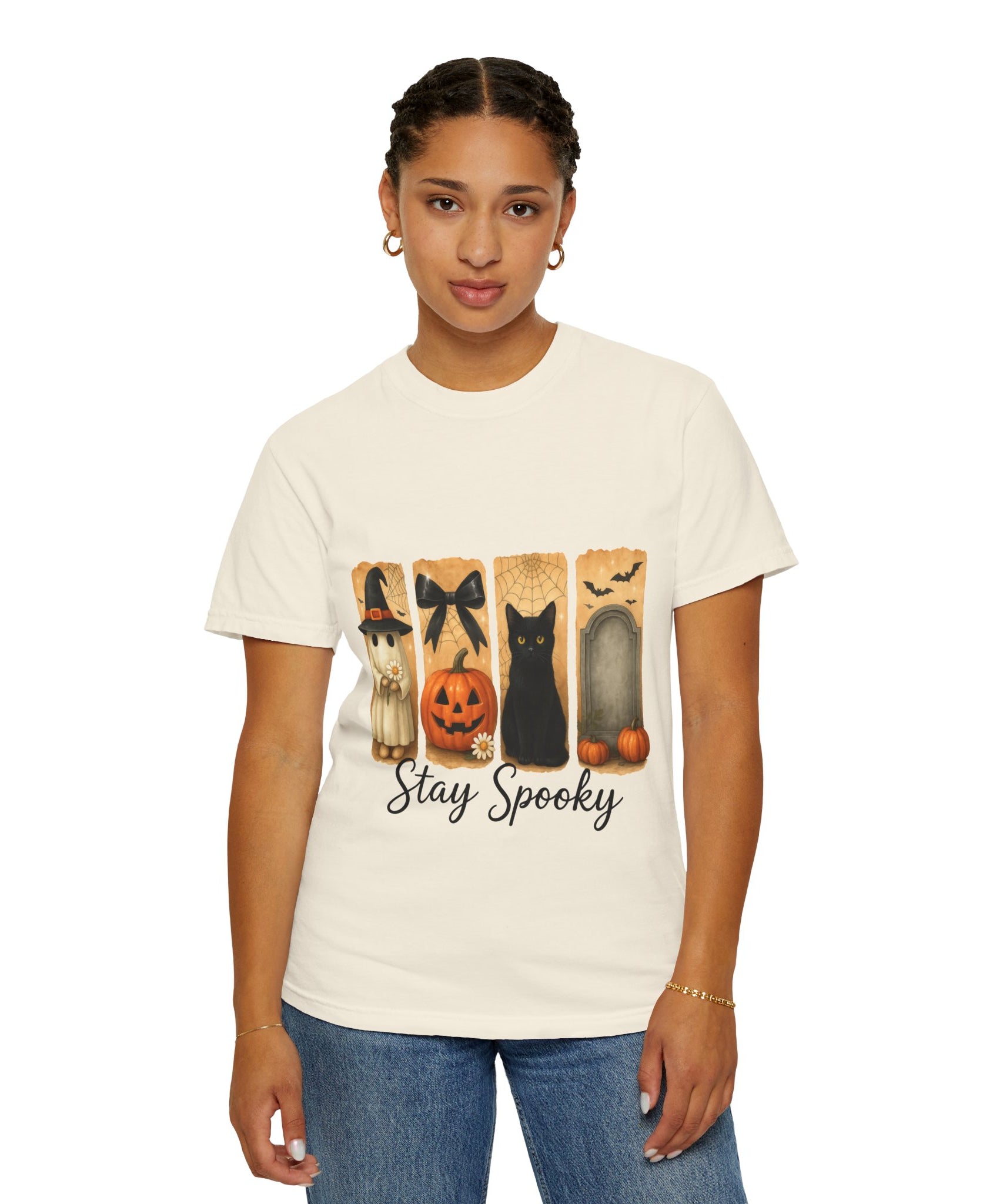 Cute Halloween T-Shirt – Ghost in Witch Hat, Pumpkin, Black Cat & Tombstone Design - Gallory Hive