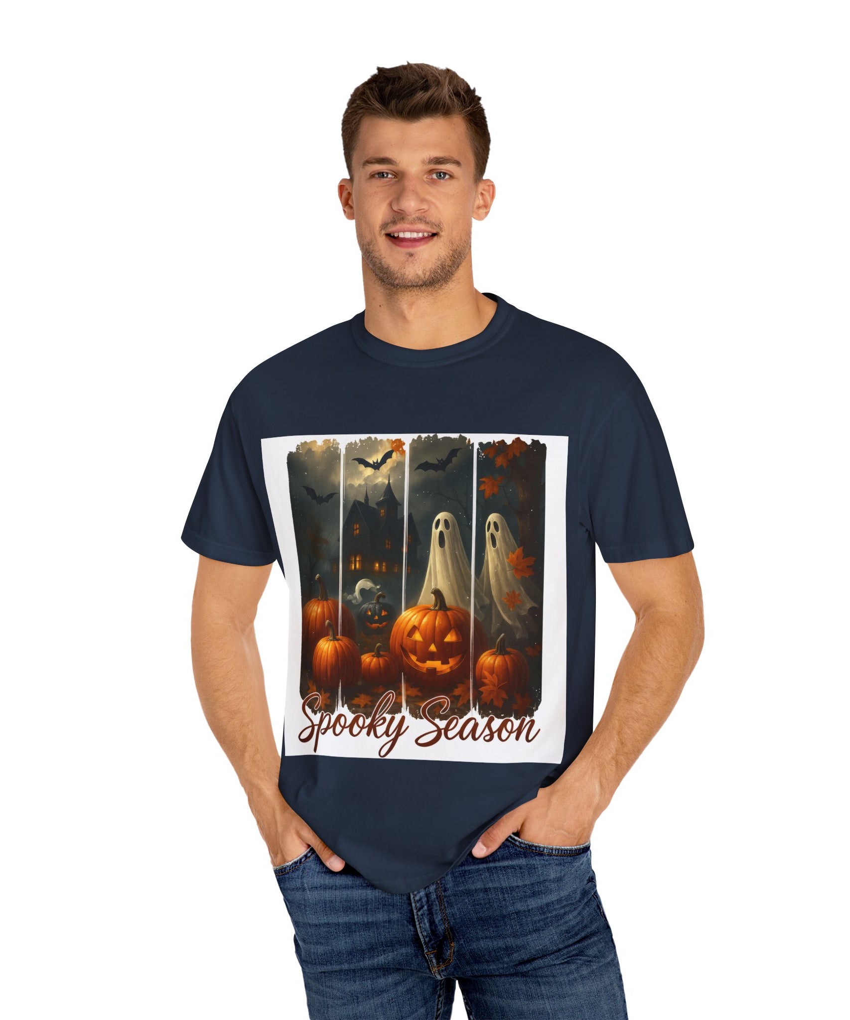 Spooky Season Unisex Halloween T-Shirt – Haunted House, Pumpkins & Ghosts Fall Design - Gallory Hive