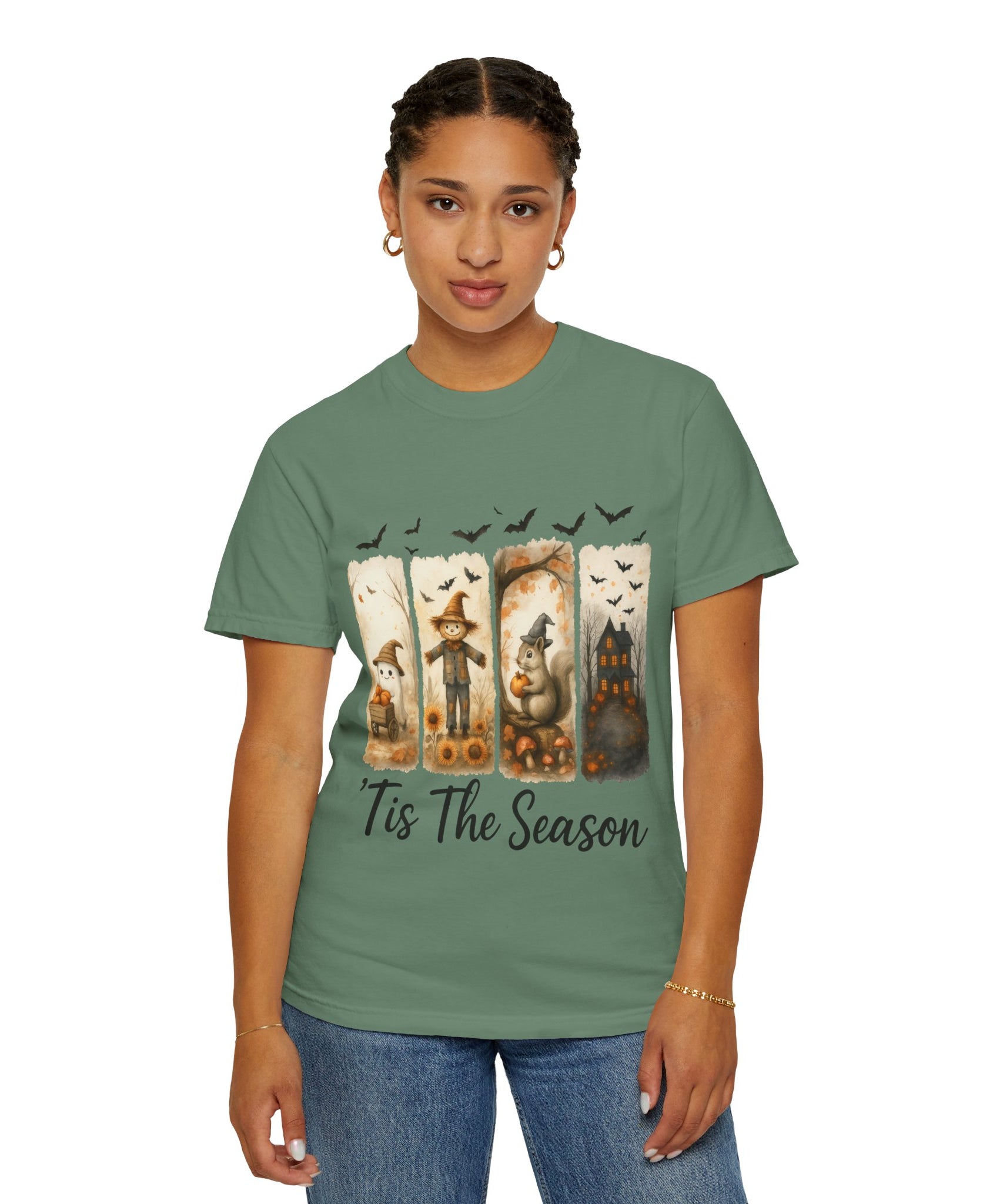 Tis The Season Fall Halloween T-Shirt – Cute Ghost, Scarecrow, Squirrel & Haunted House Design - Gallory Hive