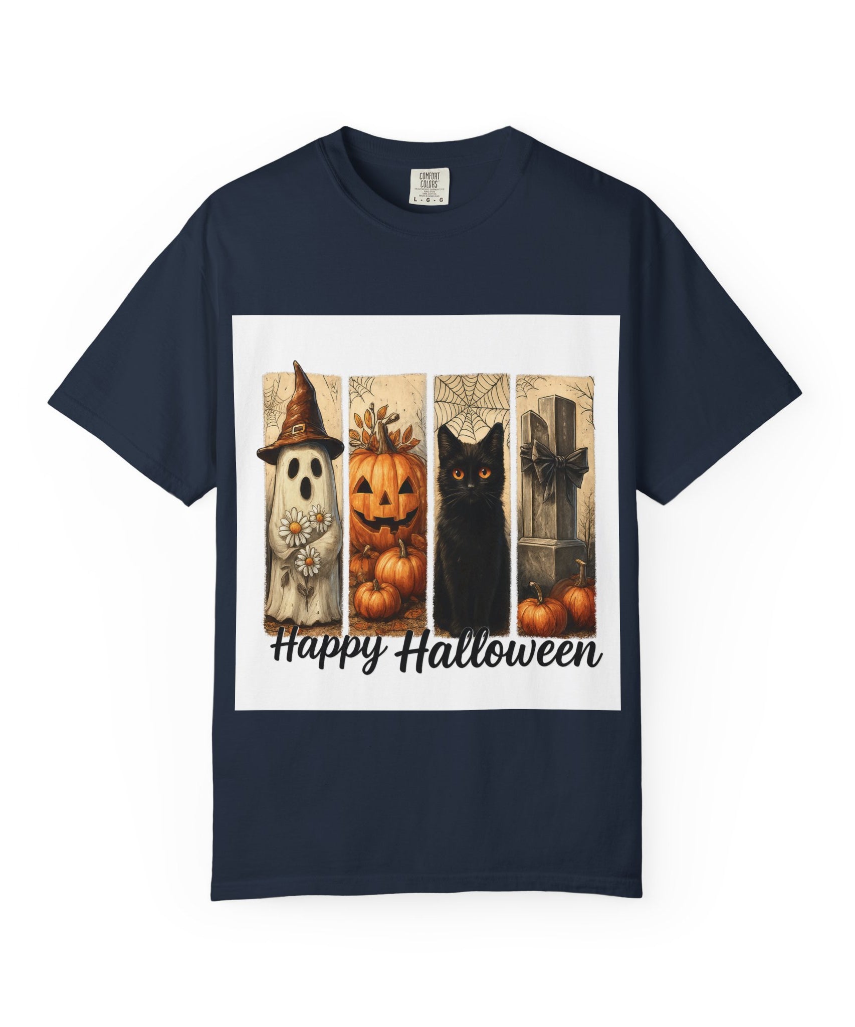 Happy Halloween Unisex T-Shirt – Ghost, Black Cat & Pumpkin Graphic Tee