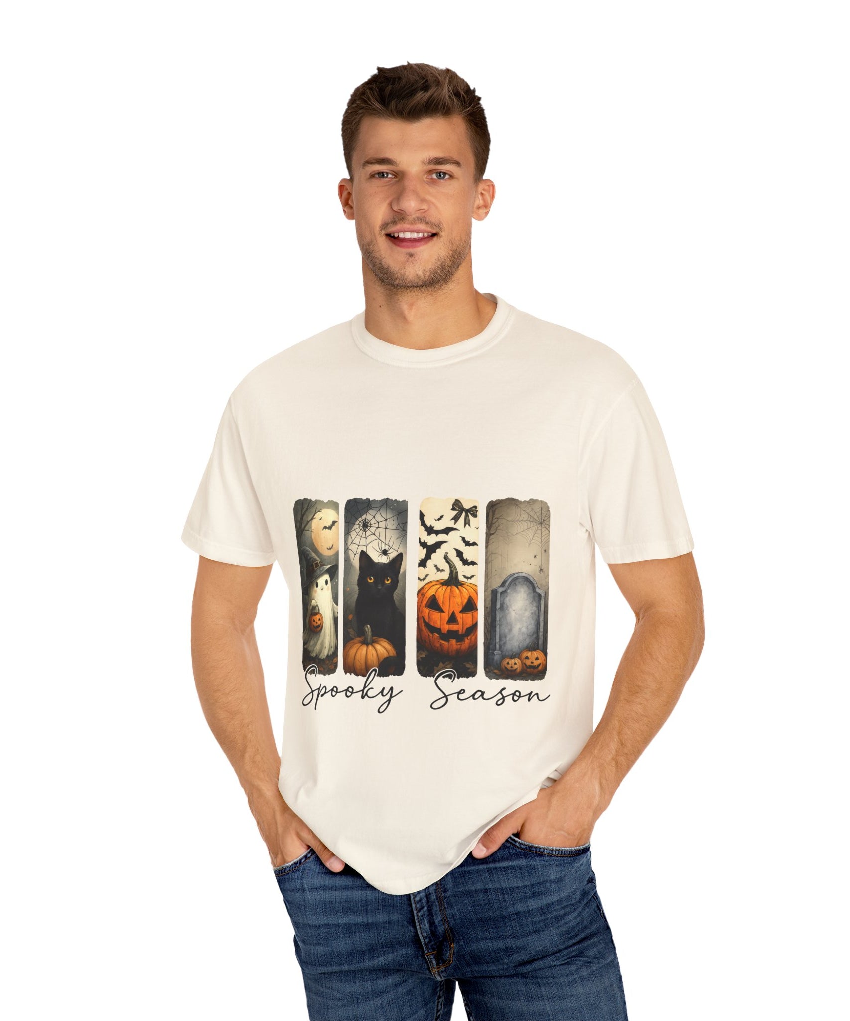 Halloween Night Unisex T-Shirt – Ghost, Black Cat, Pumpkin & Tombstone Vintage Art - Gallory Hive