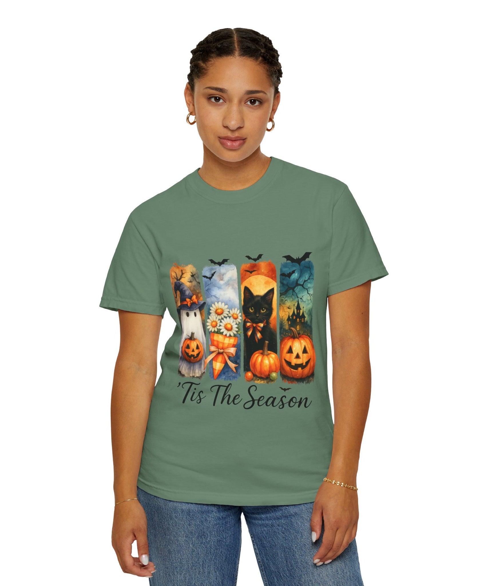 Whimsical Halloween T-Shirt – Ghost, Black Cat, Pumpkins & Haunted House Design - Gallory Hive