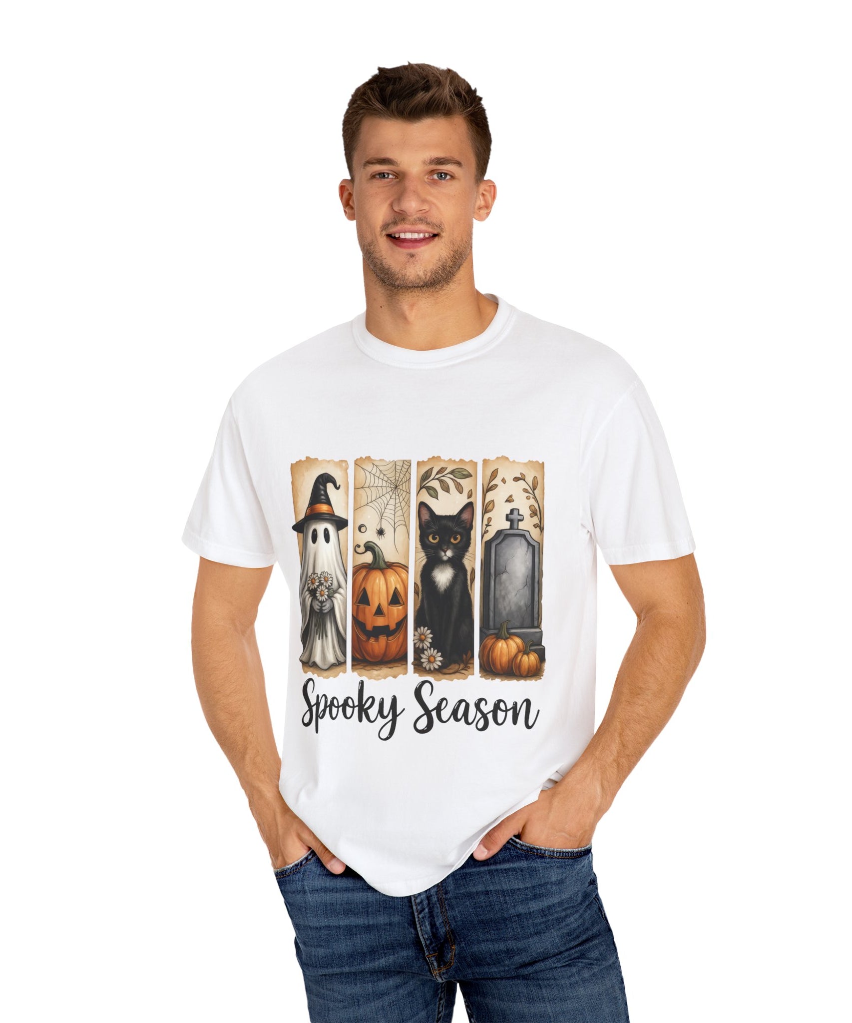 Spooky Season Halloween Unisex T-Shirt – Ghost, Cat & Pumpkin Design - Gallory Hive