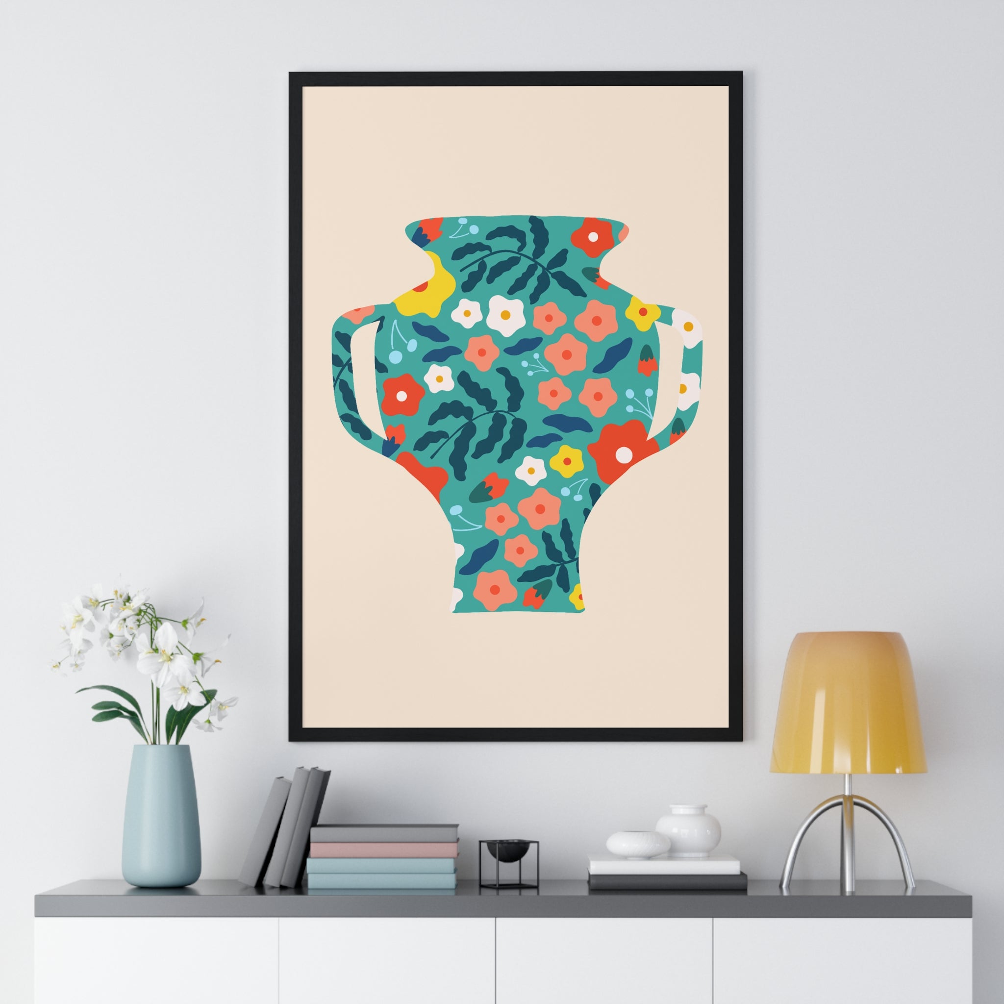 Vibrant Tropical Plant Pot Art on Blue Grid in Premium Frame