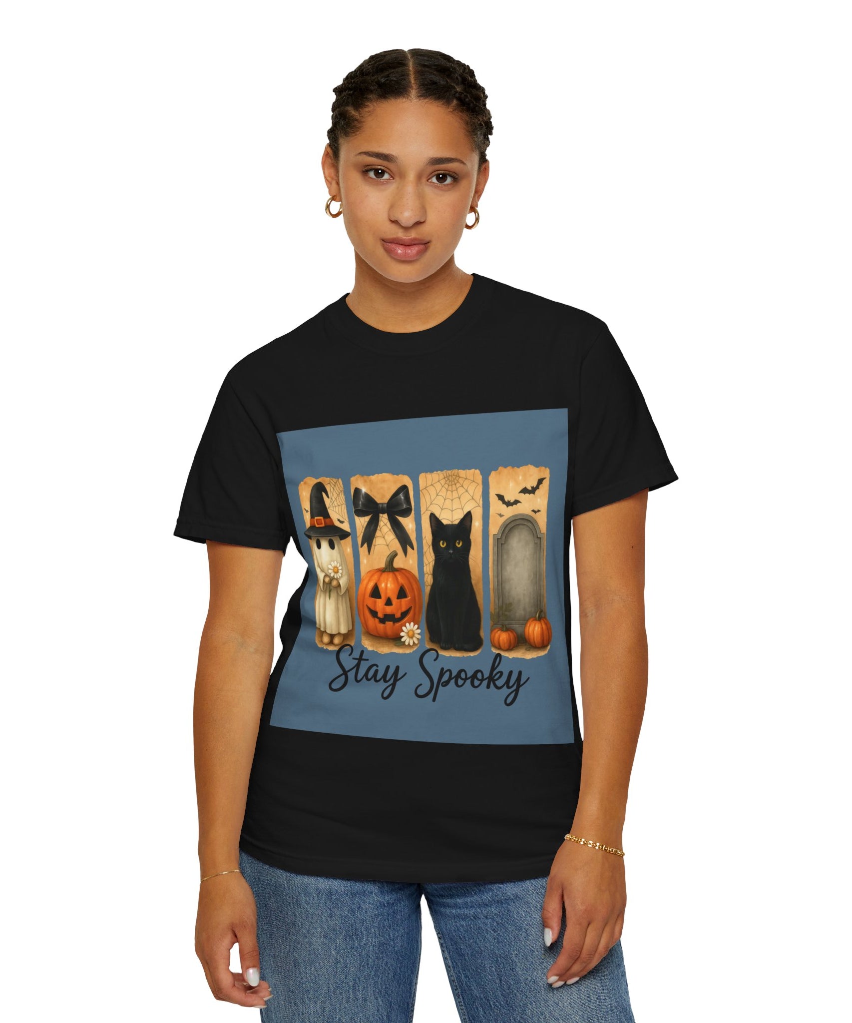 Cute Halloween T-Shirt – Ghost in Witch Hat, Pumpkin, Black Cat & Tombstone Design - Gallory Hive