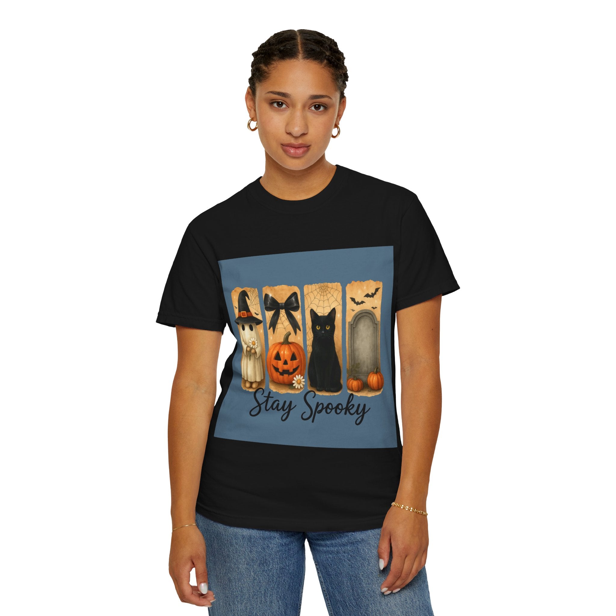 Cute Halloween T-Shirt – Ghost in Witch Hat, Pumpkin, Black Cat & Tombstone Design - Gallory Hive