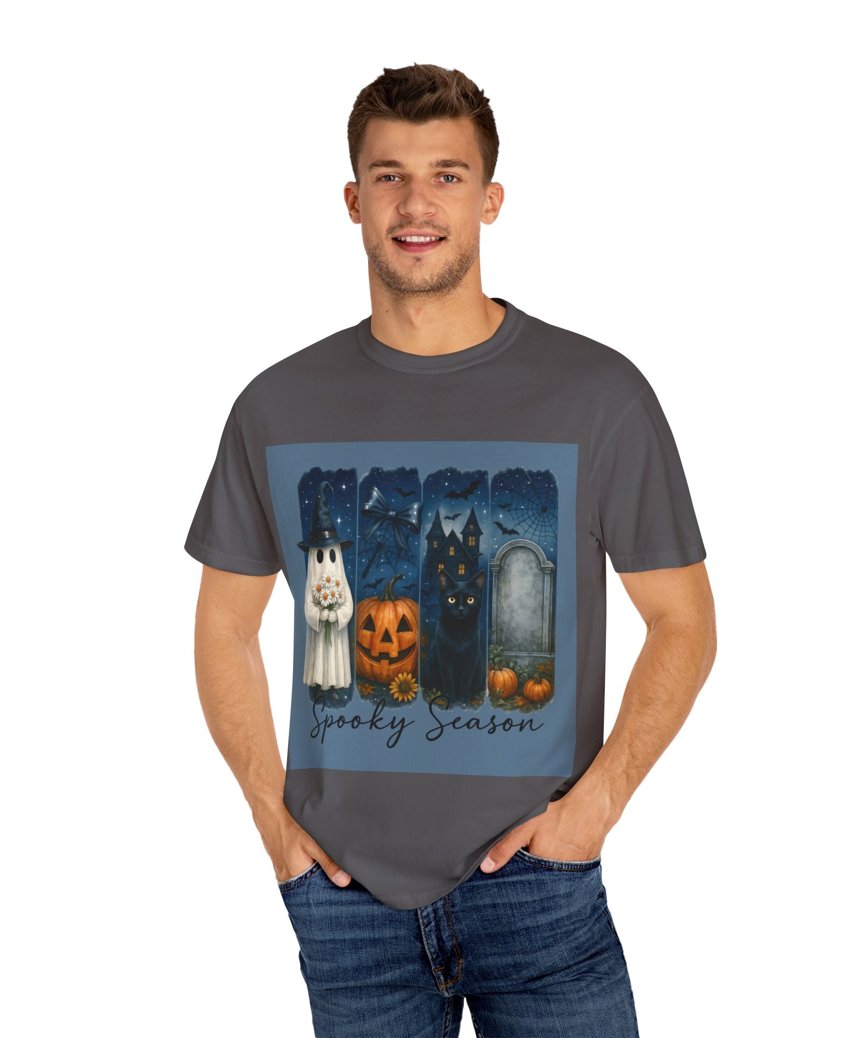 Spooky Season Halloween T-Shirt – Ghost, Black Cat, Pumpkin & Haunted House Design - Gallory Hive
