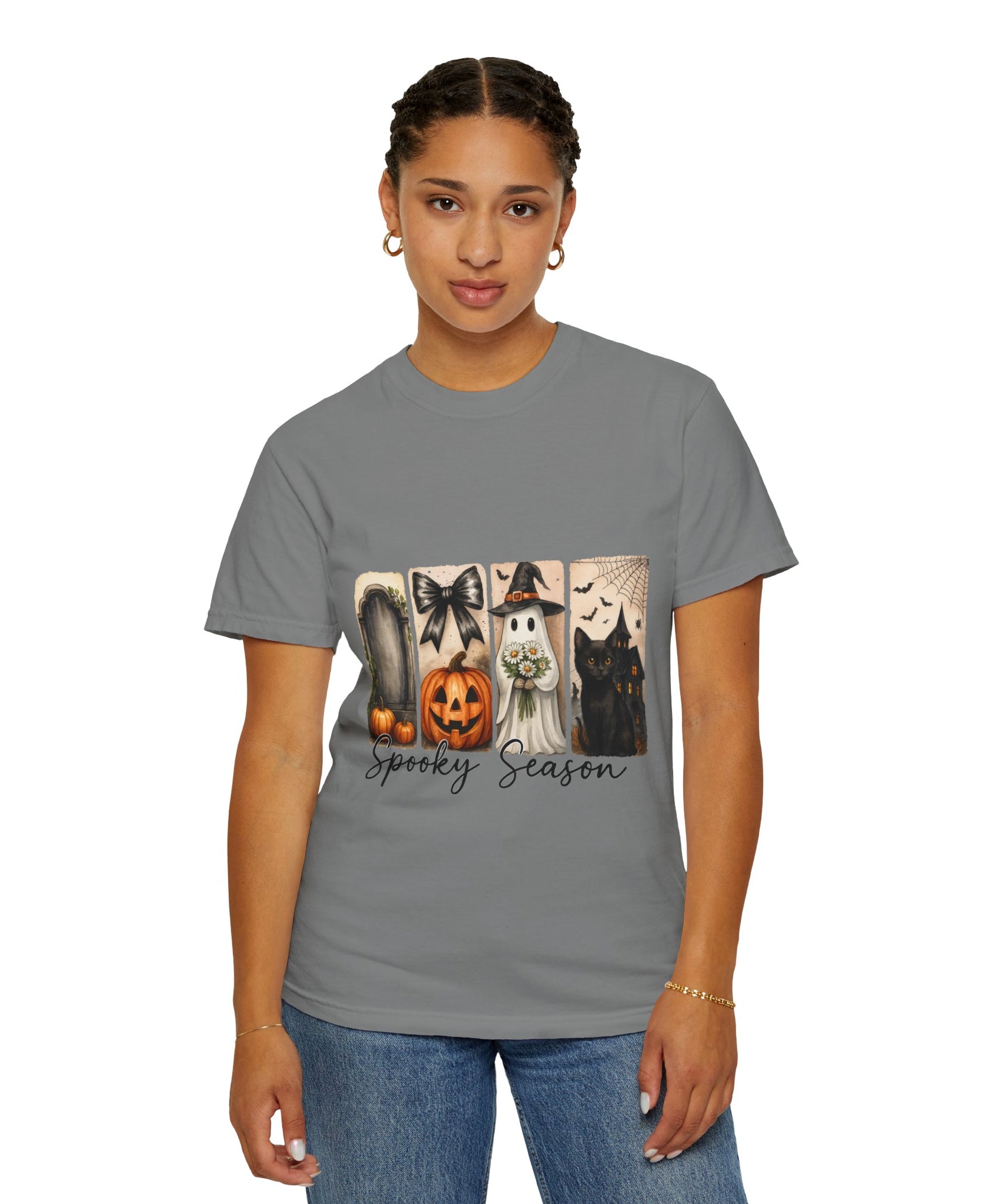 Spooky Season Unisex Halloween T-Shirt – Ghost, Black Cat, Pumpkin & Haunted House Art - Gallory Hive