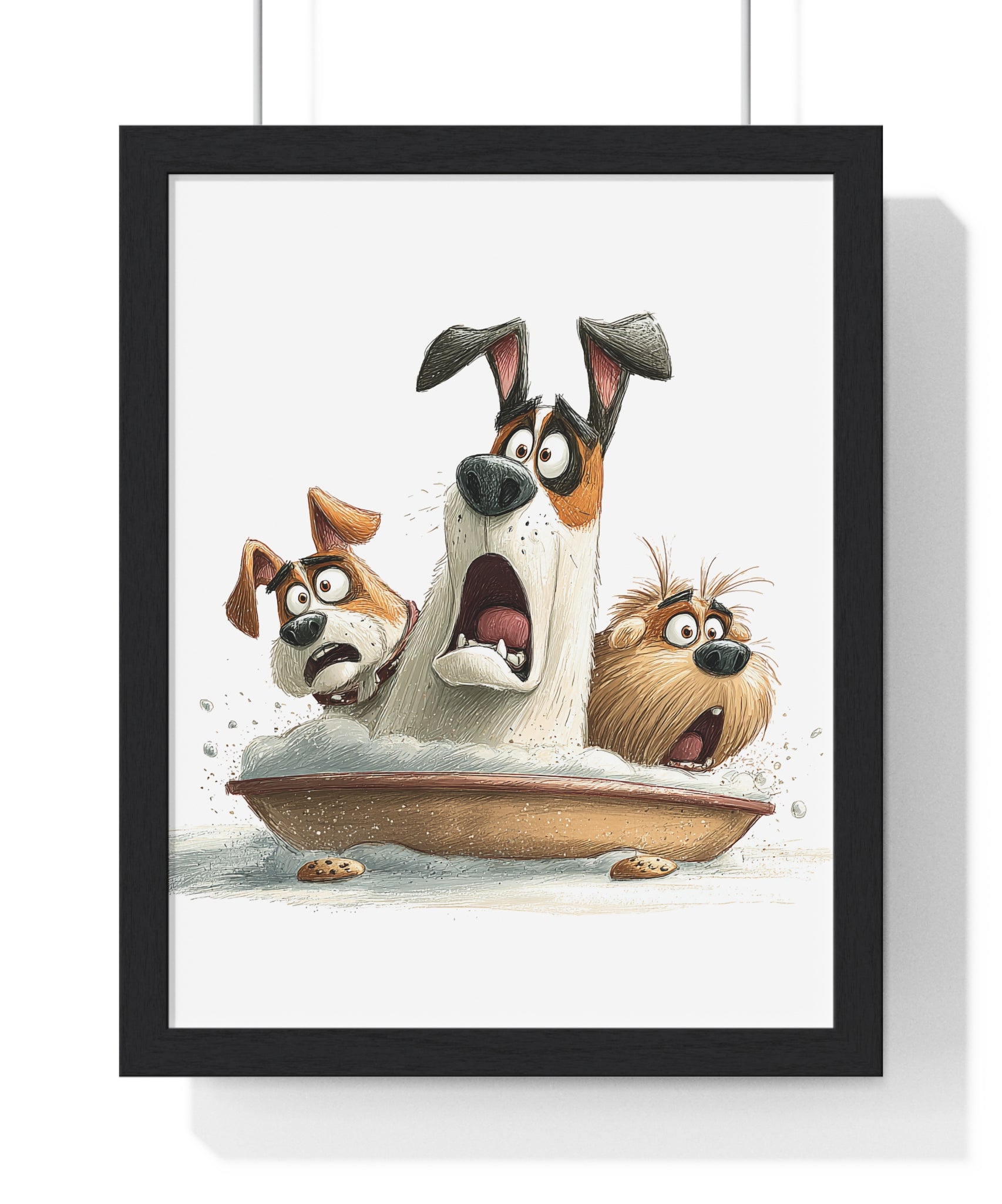 Surprised Trio of Dogs in Pie Dish – Wooden Wall Frame Home Decor