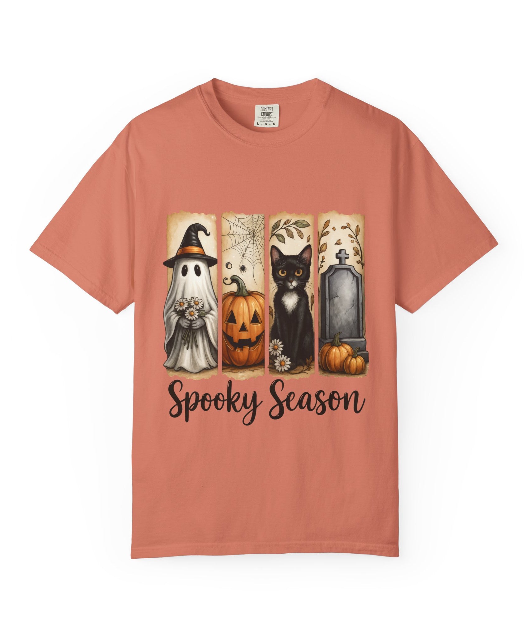 Spooky Season Halloween Unisex T-Shirt – Ghost, Cat & Pumpkin Design - Gallory Hive