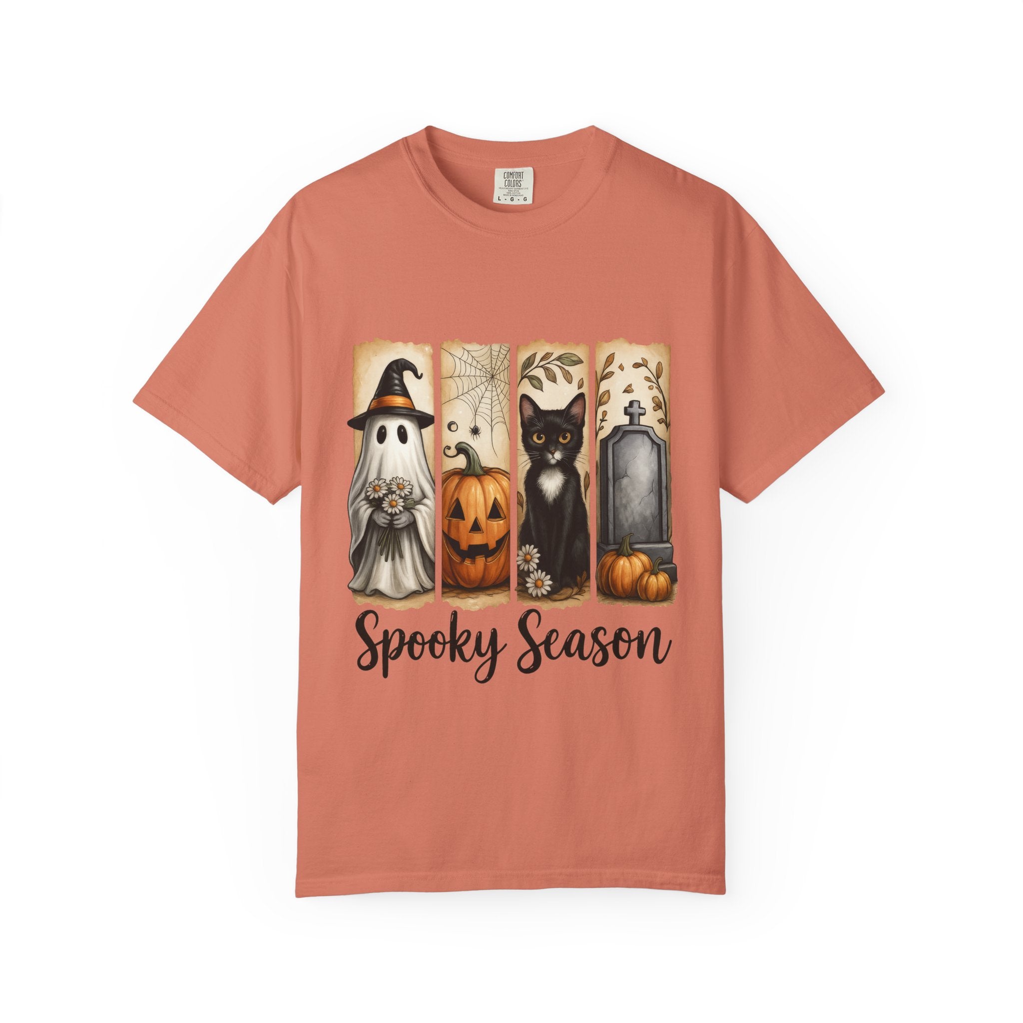 Spooky Season Halloween Unisex T-Shirt – Ghost, Cat & Pumpkin Design - Gallory Hive