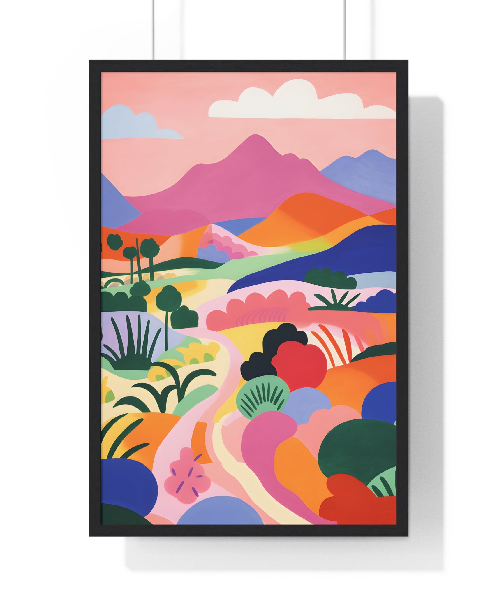 Colorful Landscape Art – Premium Wooden Framed Poster with Hills, Trees & River
