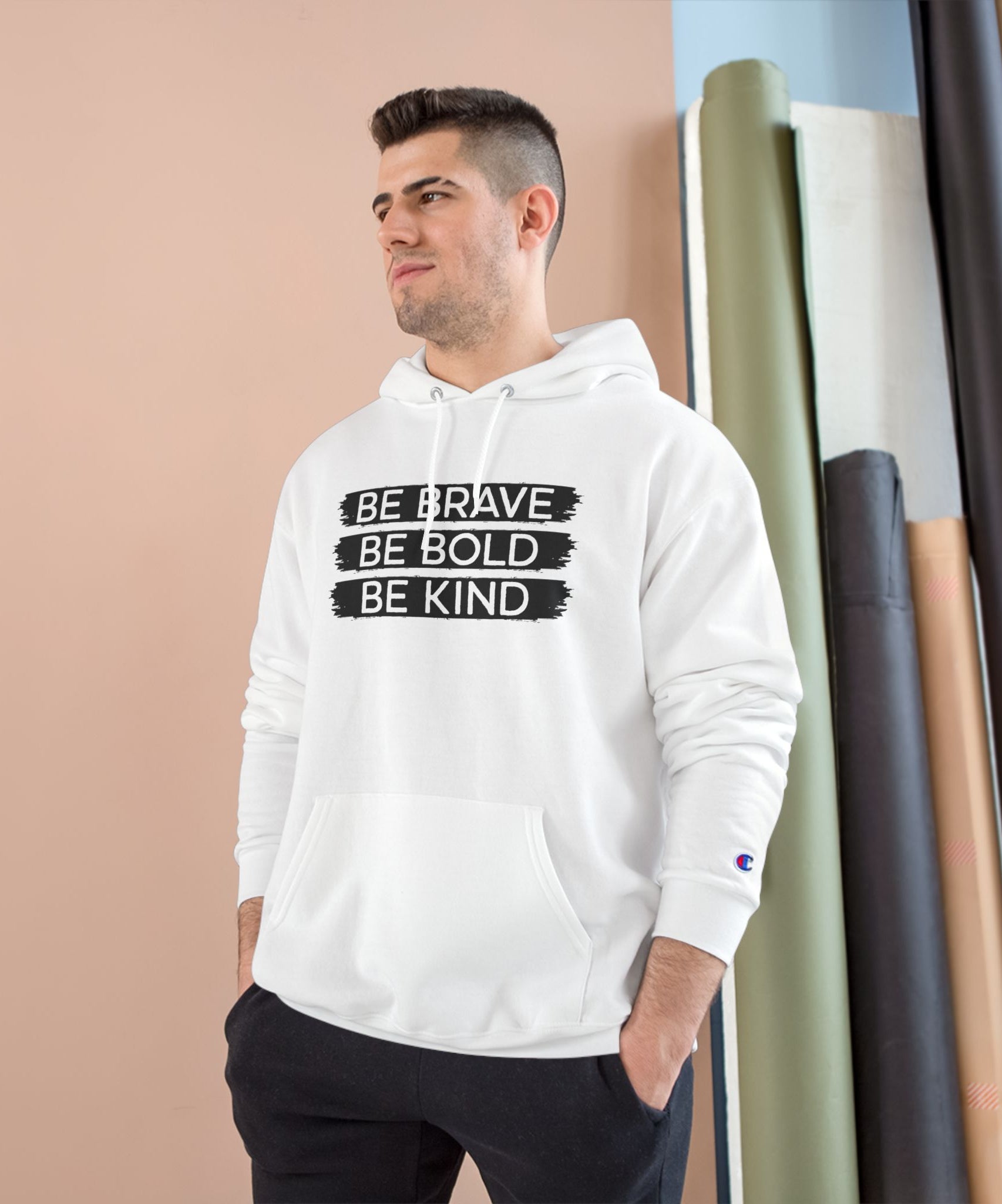 Champion Hoodie - Bold, Brave, Kind Minimalist Hand Sign Print