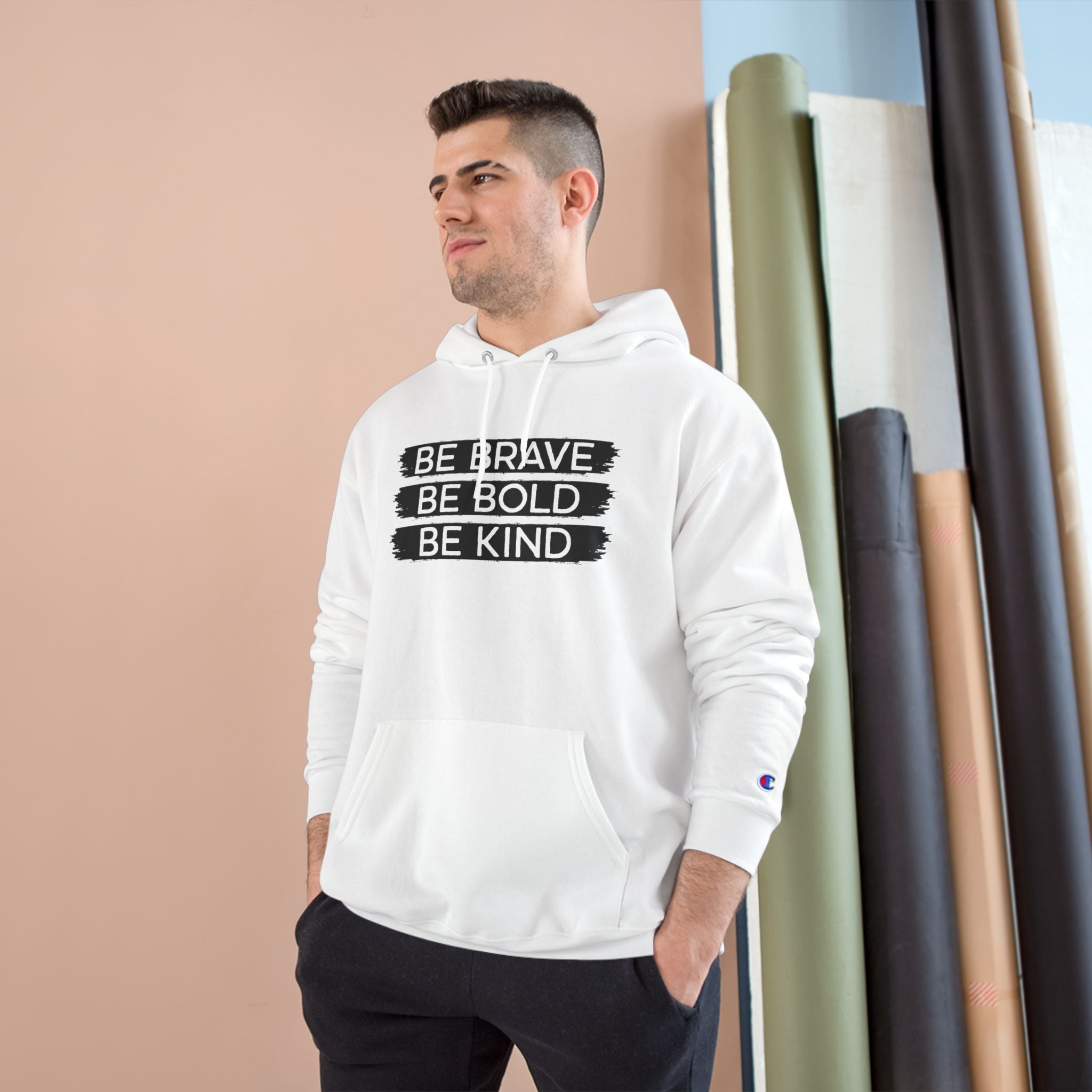 Champion Hoodie - Bold, Brave, Kind Minimalist Hand Sign Print