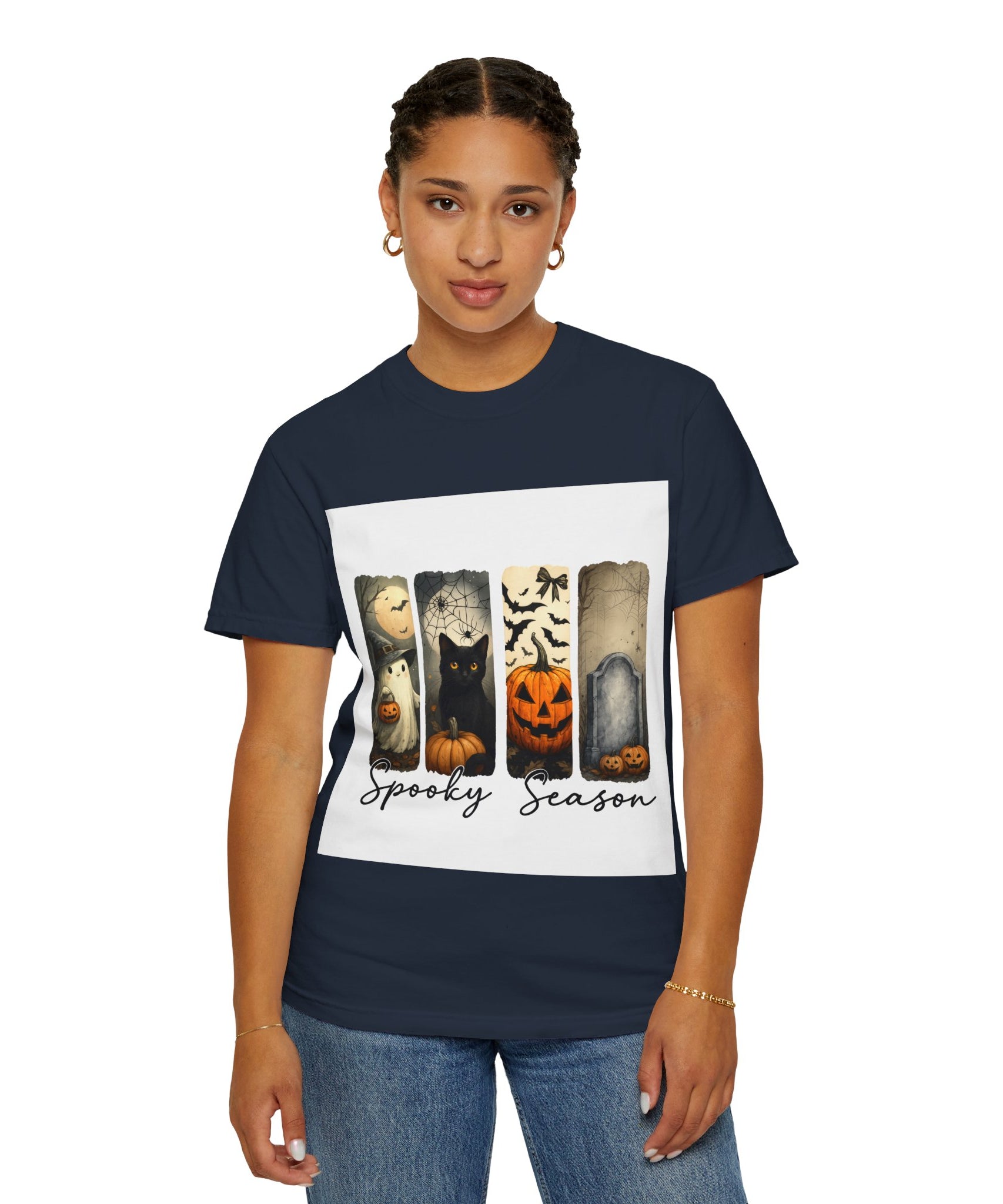 Halloween Night Unisex T-Shirt – Ghost, Black Cat, Pumpkin & Tombstone Vintage Art - Gallory Hive