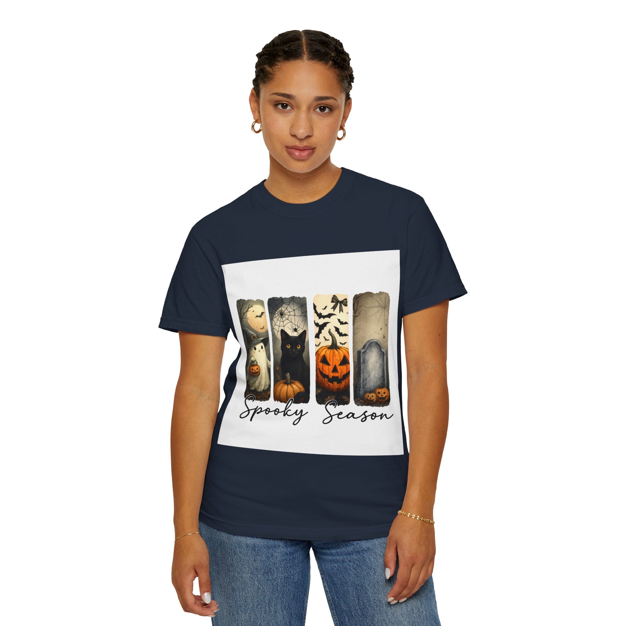 Halloween Night Unisex T-Shirt – Ghost, Black Cat, Pumpkin & Tombstone Vintage Art - Gallory Hive