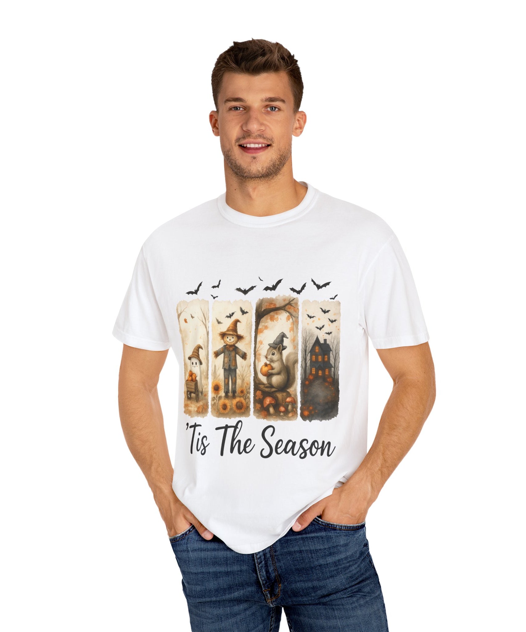Tis The Season Fall Halloween T-Shirt – Cute Ghost, Scarecrow, Squirrel & Haunted House Design - Gallory Hive