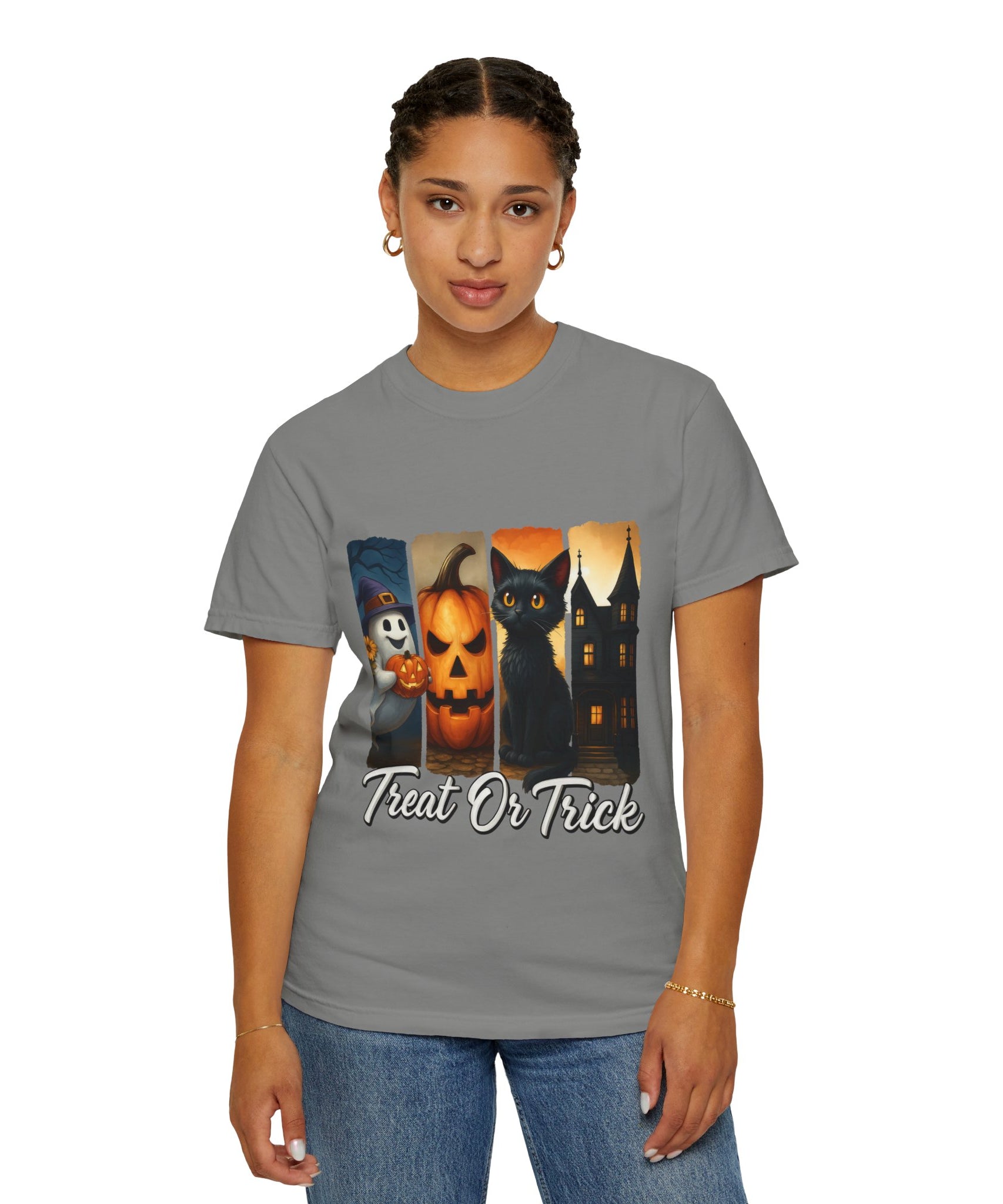 Treat Or Trick Halloween T-Shirt – Cute Ghost, Pumpkin, Black Cat & Haunted House Design - Gallory Hive