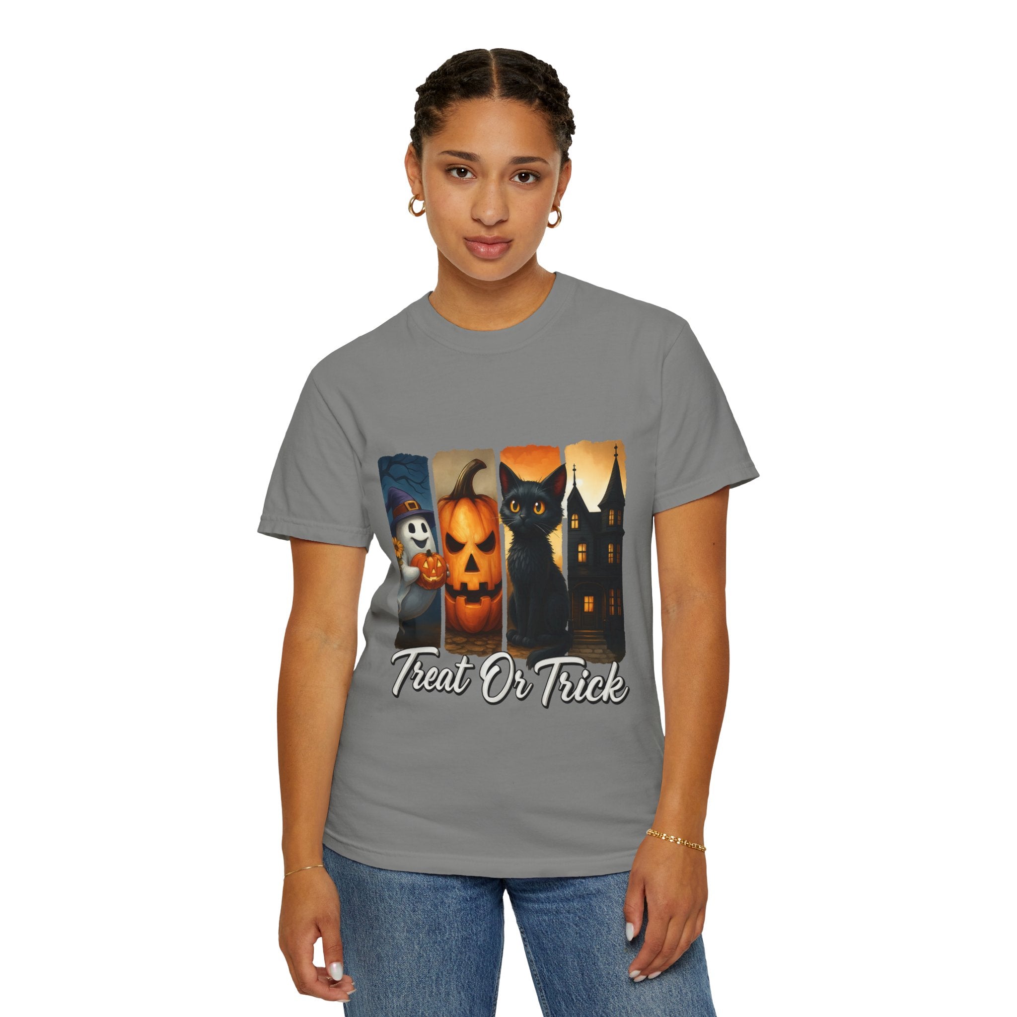 Treat Or Trick Halloween T-Shirt – Cute Ghost, Pumpkin, Black Cat & Haunted House Design - Gallory Hive