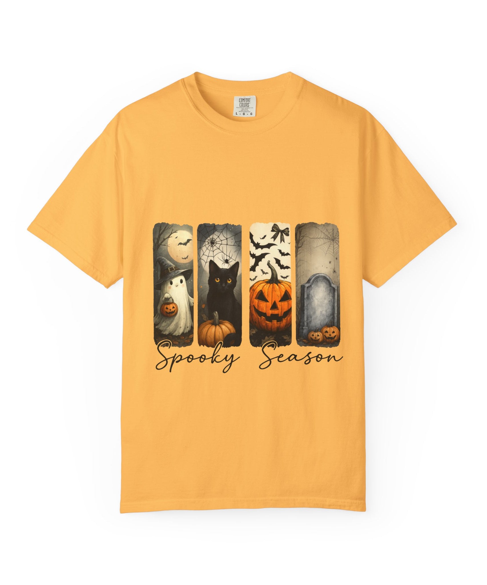 Halloween Night Unisex T-Shirt – Ghost, Black Cat, Pumpkin & Tombstone Vintage Art - Gallory Hive