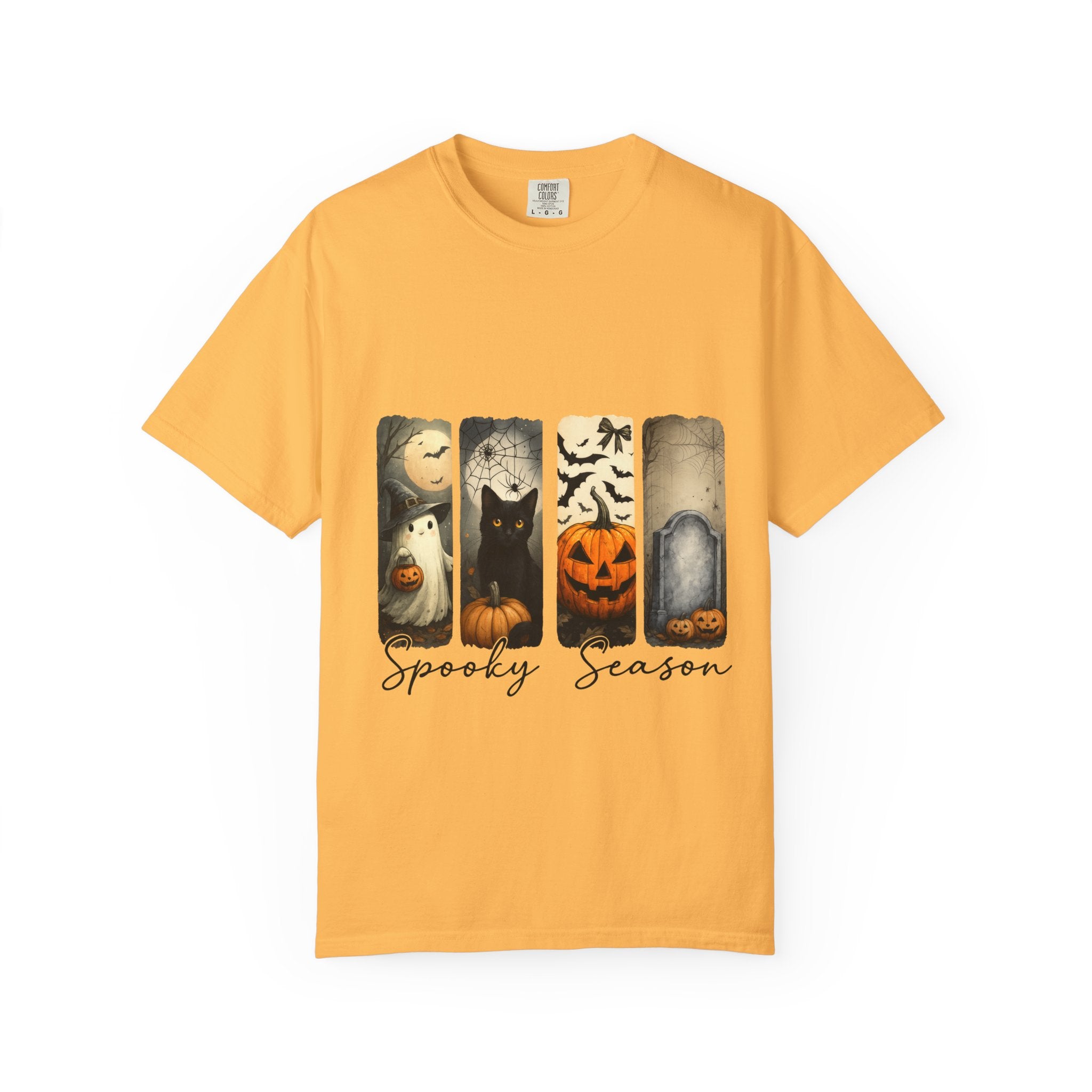 Halloween Night Unisex T-Shirt – Ghost, Black Cat, Pumpkin & Tombstone Vintage Art - Gallory Hive