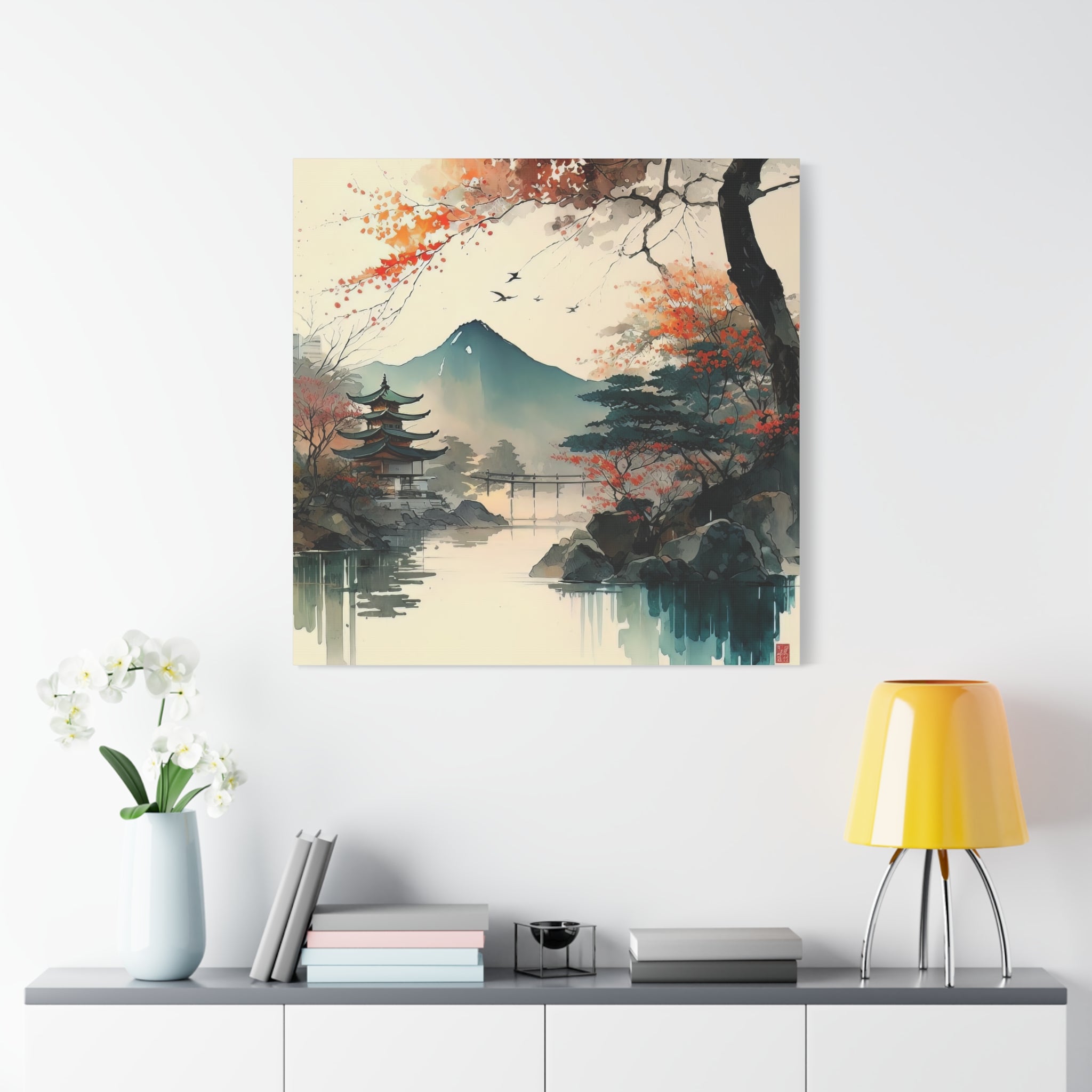 Watercolor Japanese Landscape Wall Art, Serene Autumn Pagoda & Mountain Scene, Floral Canvas Print, Asian-Inspired Home Decor - Gallory Hive
