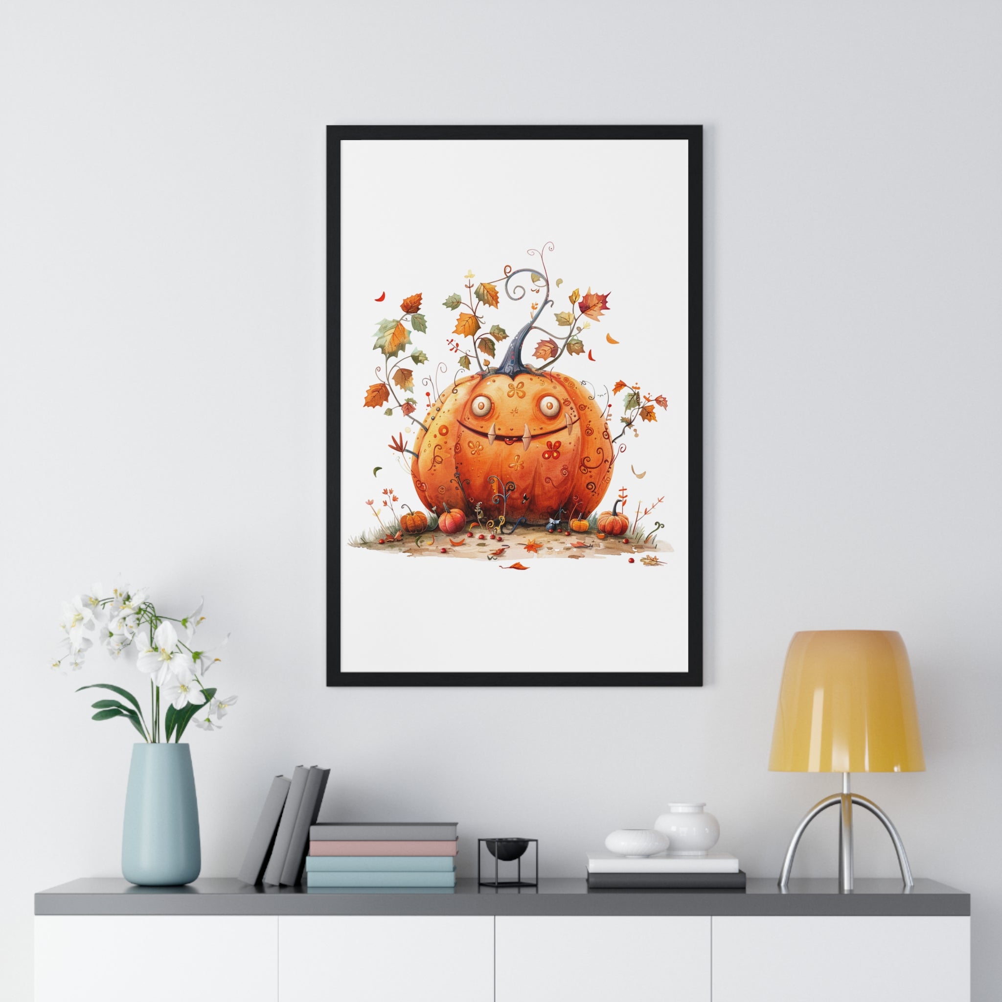 Playful Pumpkin Monster Wooden Framed Wall Art