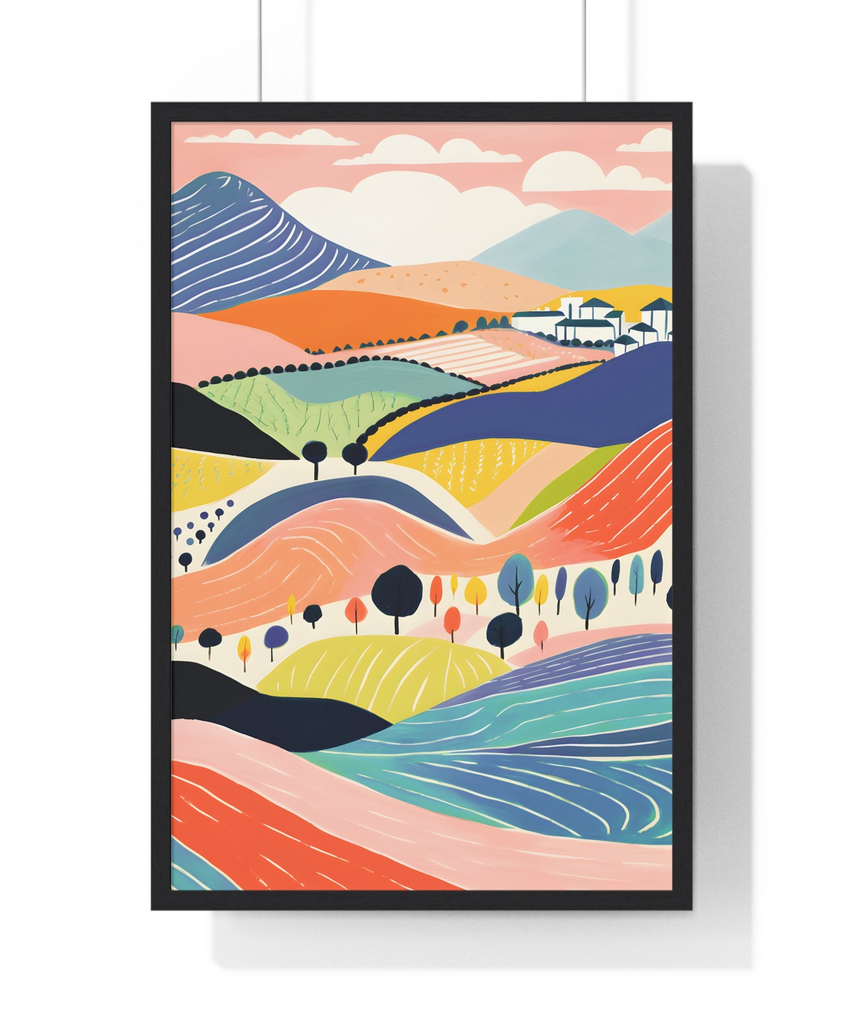 Colorful Landscape Art – Premium Wooden Framed Poster with Hills, Trees & Village