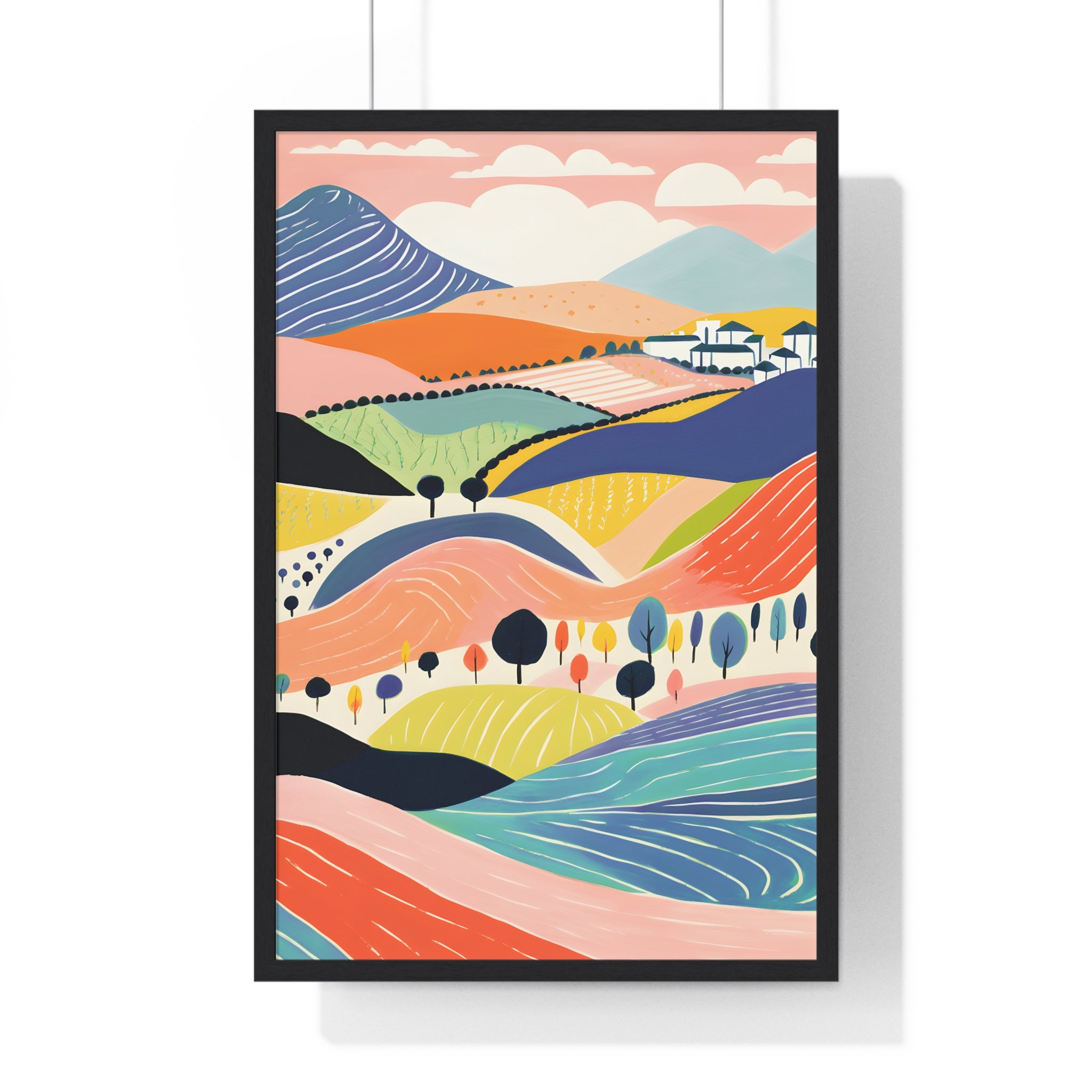Colorful Landscape Art – Premium Wooden Framed Poster with Hills, Trees & Village