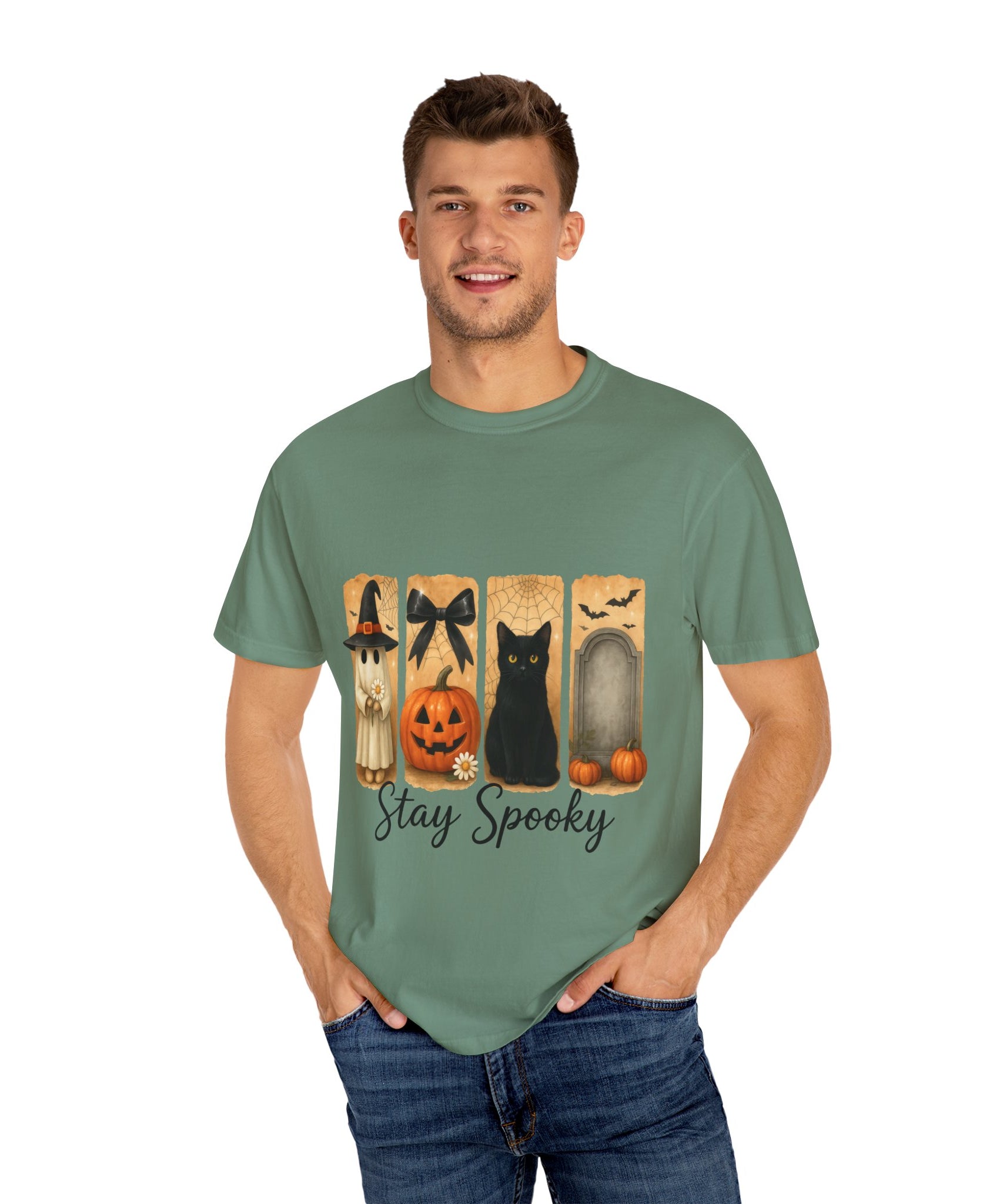 Cute Halloween T-Shirt – Ghost in Witch Hat, Pumpkin, Black Cat & Tombstone Design - Gallory Hive