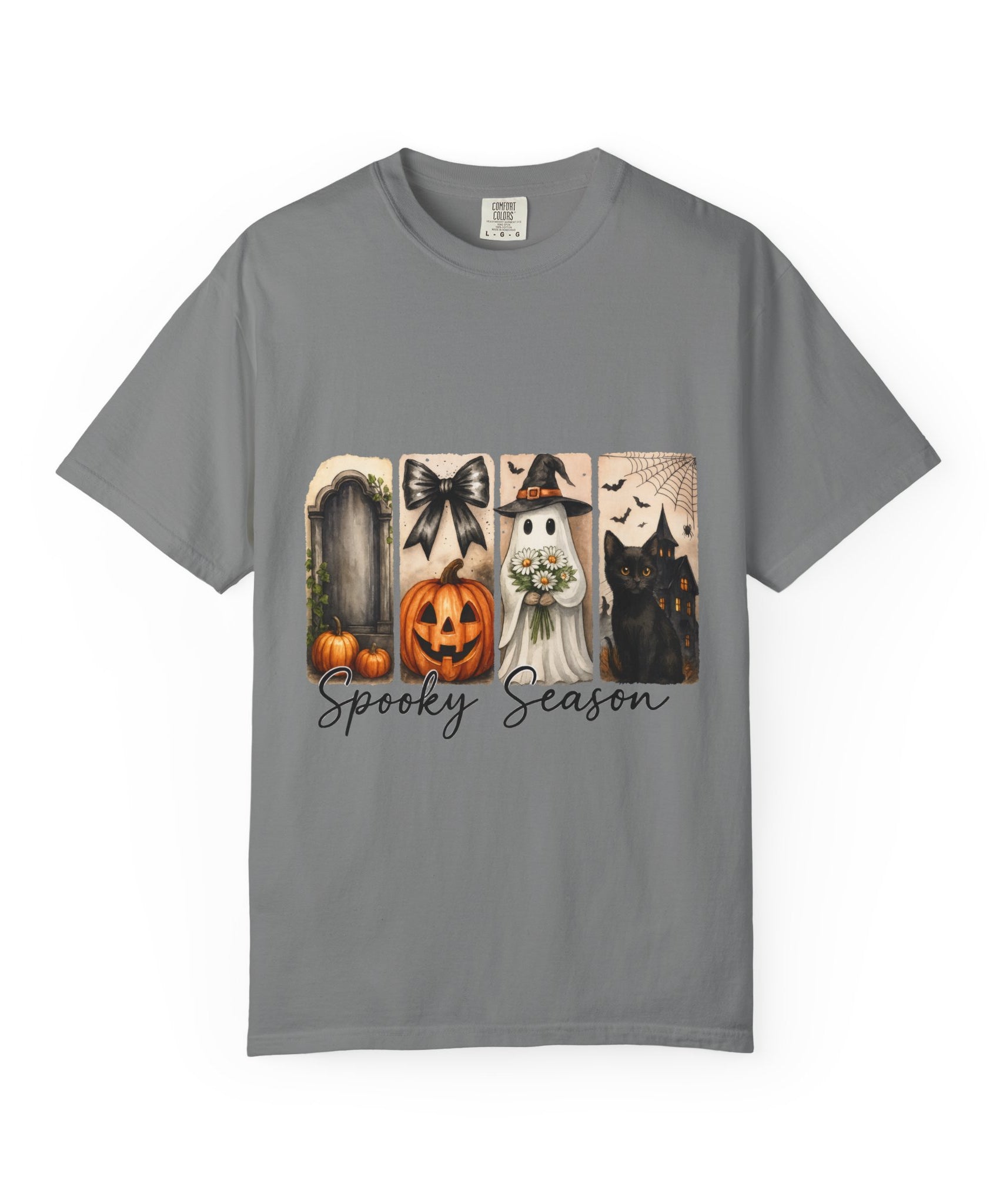 Spooky Season Unisex Halloween T-Shirt – Ghost, Black Cat, Pumpkin & Haunted House Art - Gallory Hive
