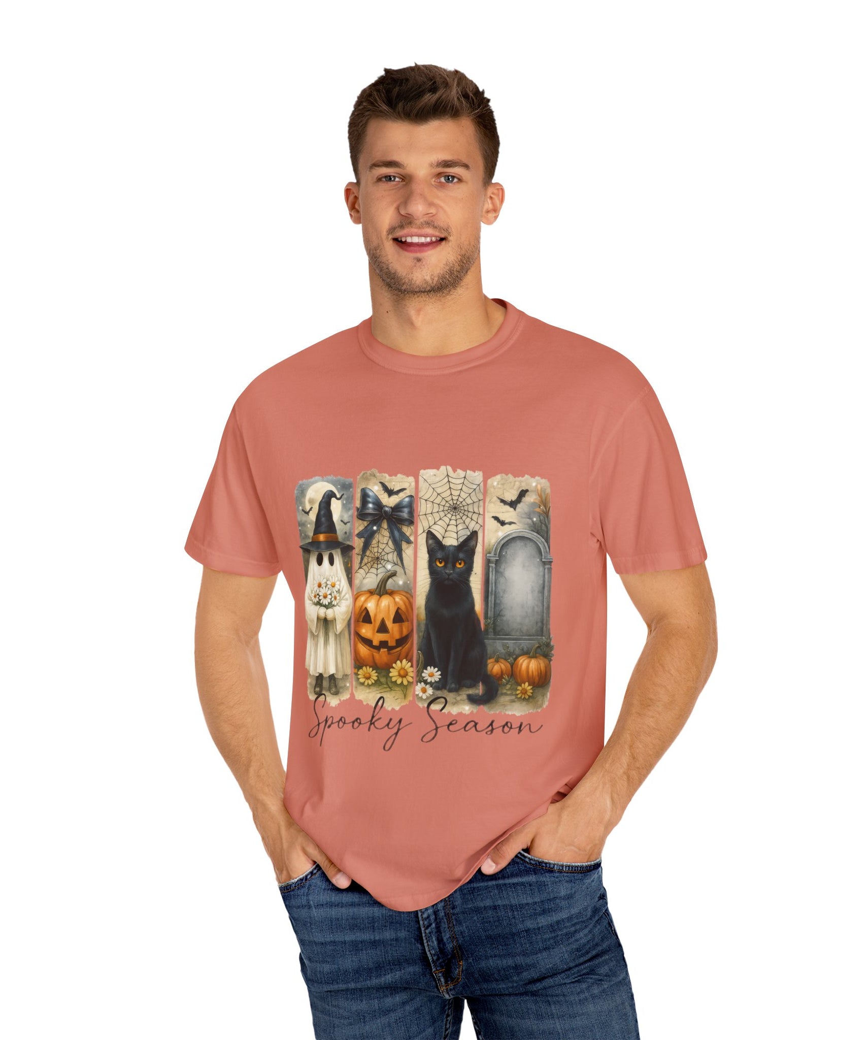 Spooky Season Halloween Unisex T-Shirt – Ghost, Black Cat & Pumpkin Design - Gallory Hive