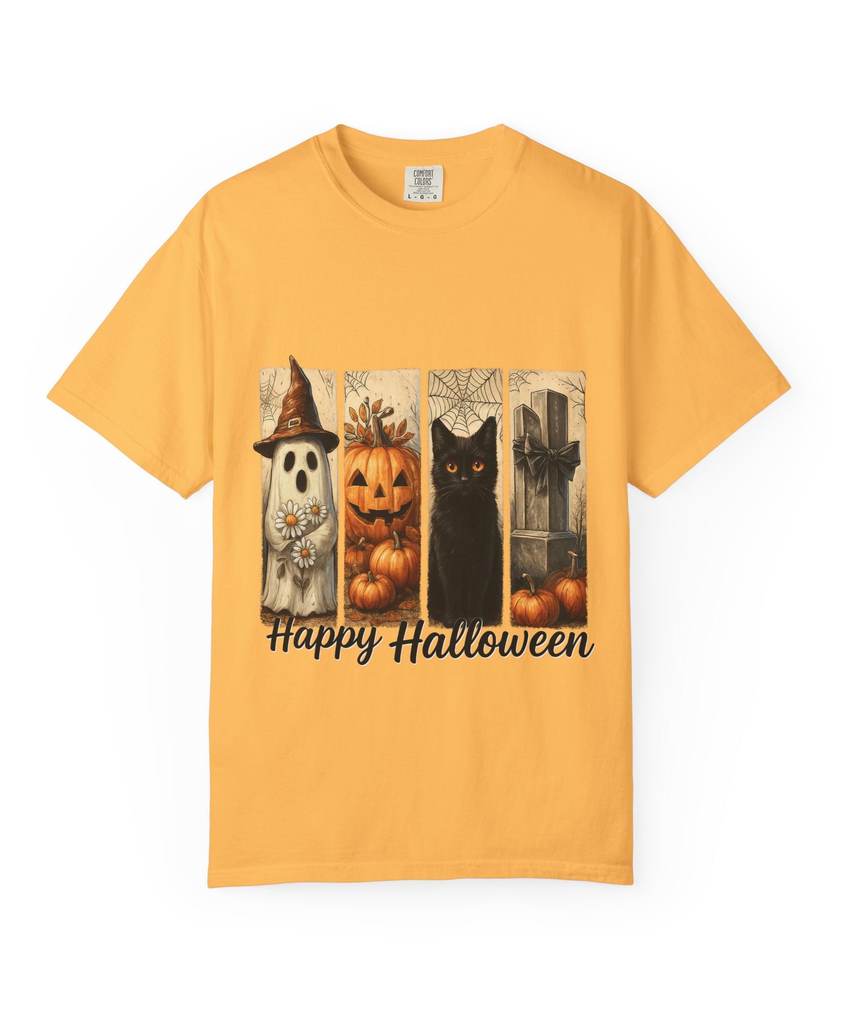 Happy Halloween Unisex T-Shirt – Ghost, Black Cat & Pumpkin Graphic Tee - Gallory Hive