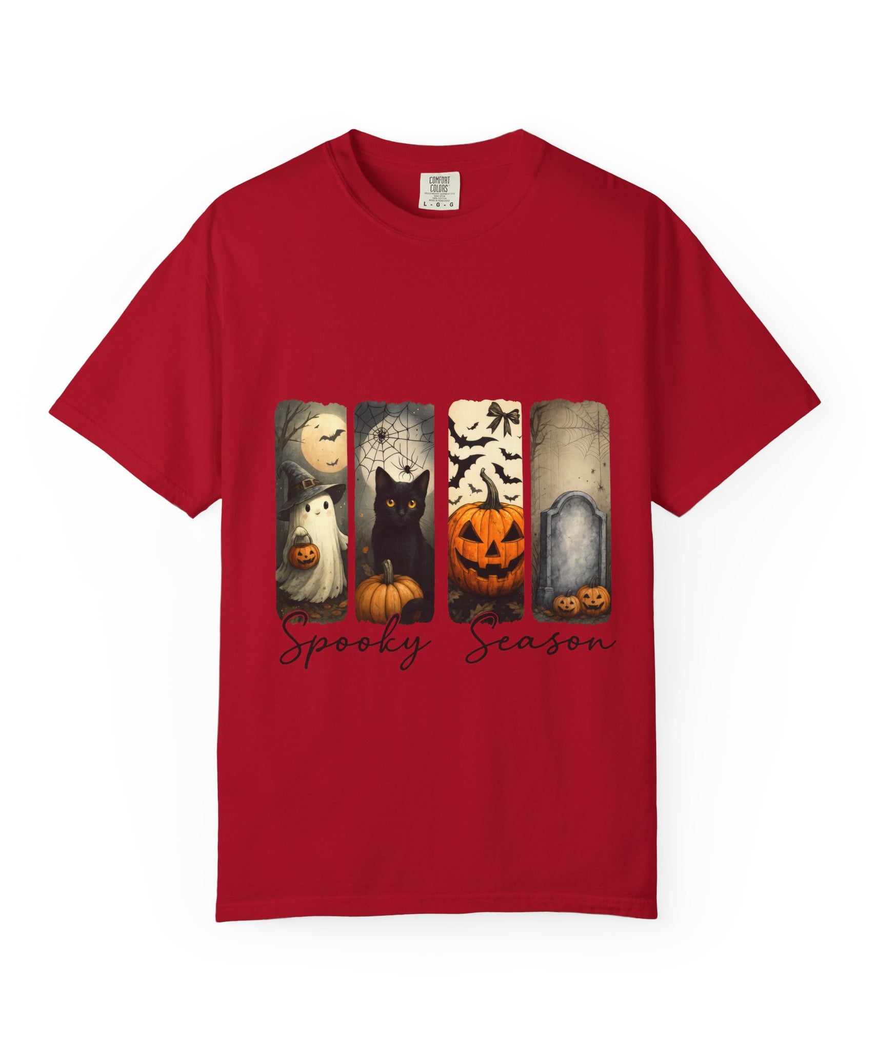 Halloween Night Unisex T-Shirt – Ghost, Black Cat, Pumpkin & Tombstone Vintage Art - Gallory Hive