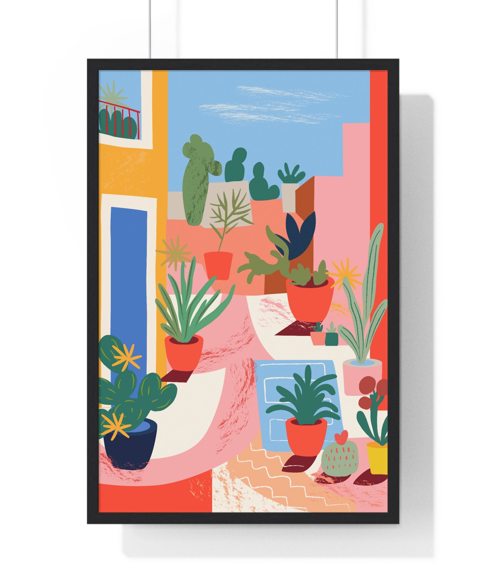 Colorful Urban Garden Scene Art in Premium Wooden Frame