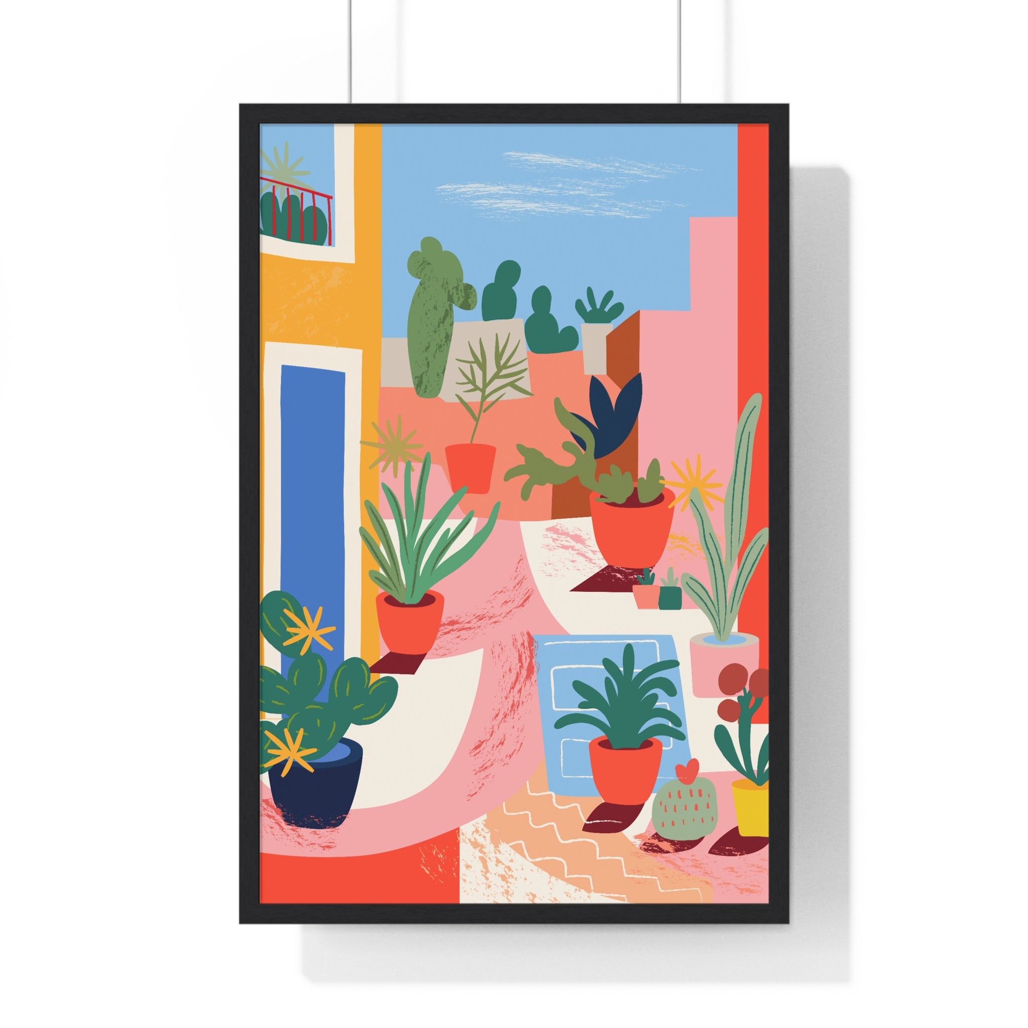 Colorful Urban Garden Scene Art in Premium Wooden Frame