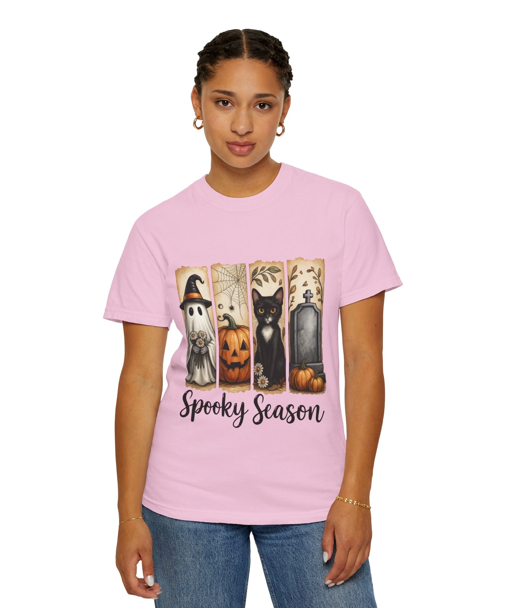 Spooky Season Halloween Unisex T-Shirt – Ghost, Cat & Pumpkin Design - Gallory Hive