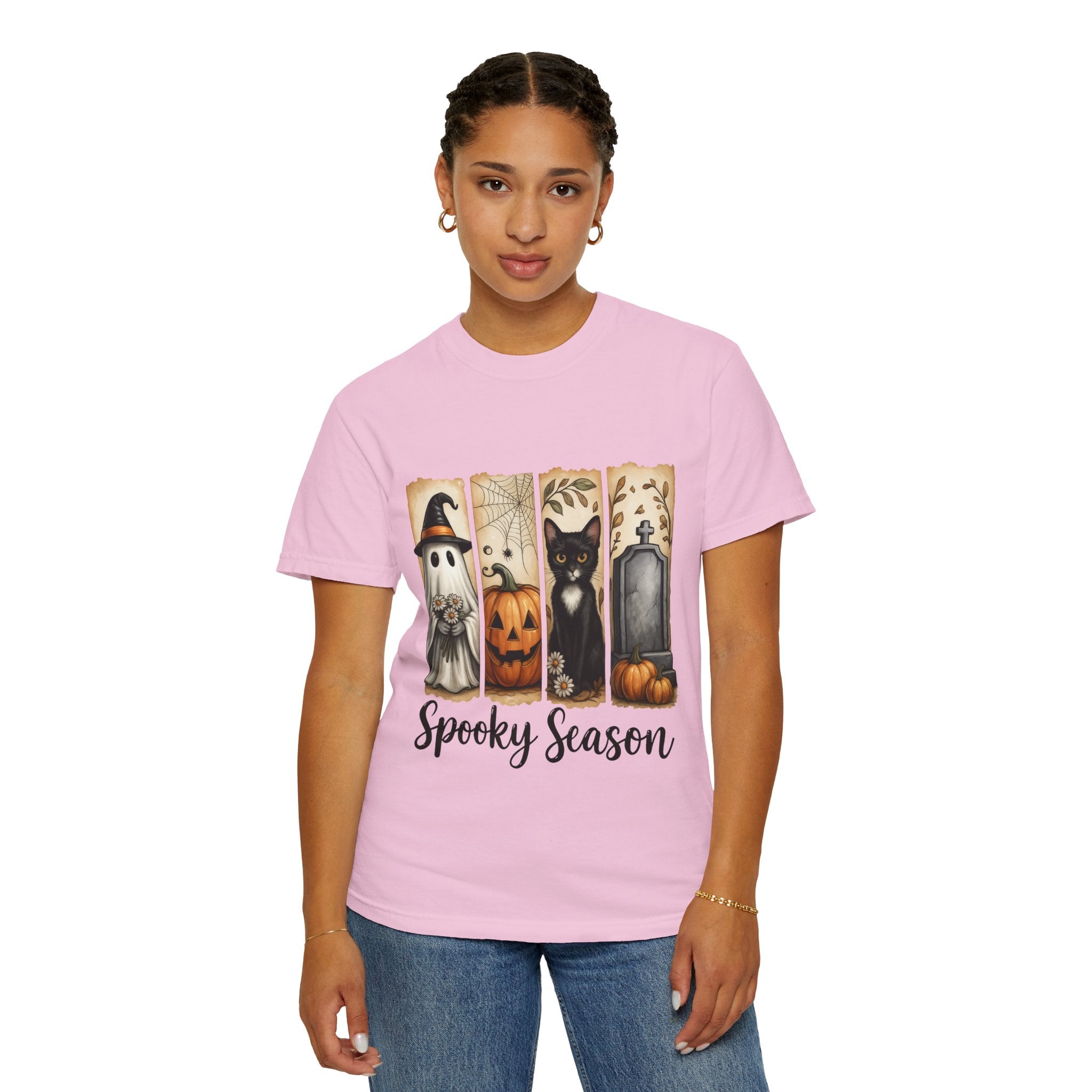 Spooky Season Halloween Unisex T-Shirt – Ghost, Cat & Pumpkin Design - Gallory Hive