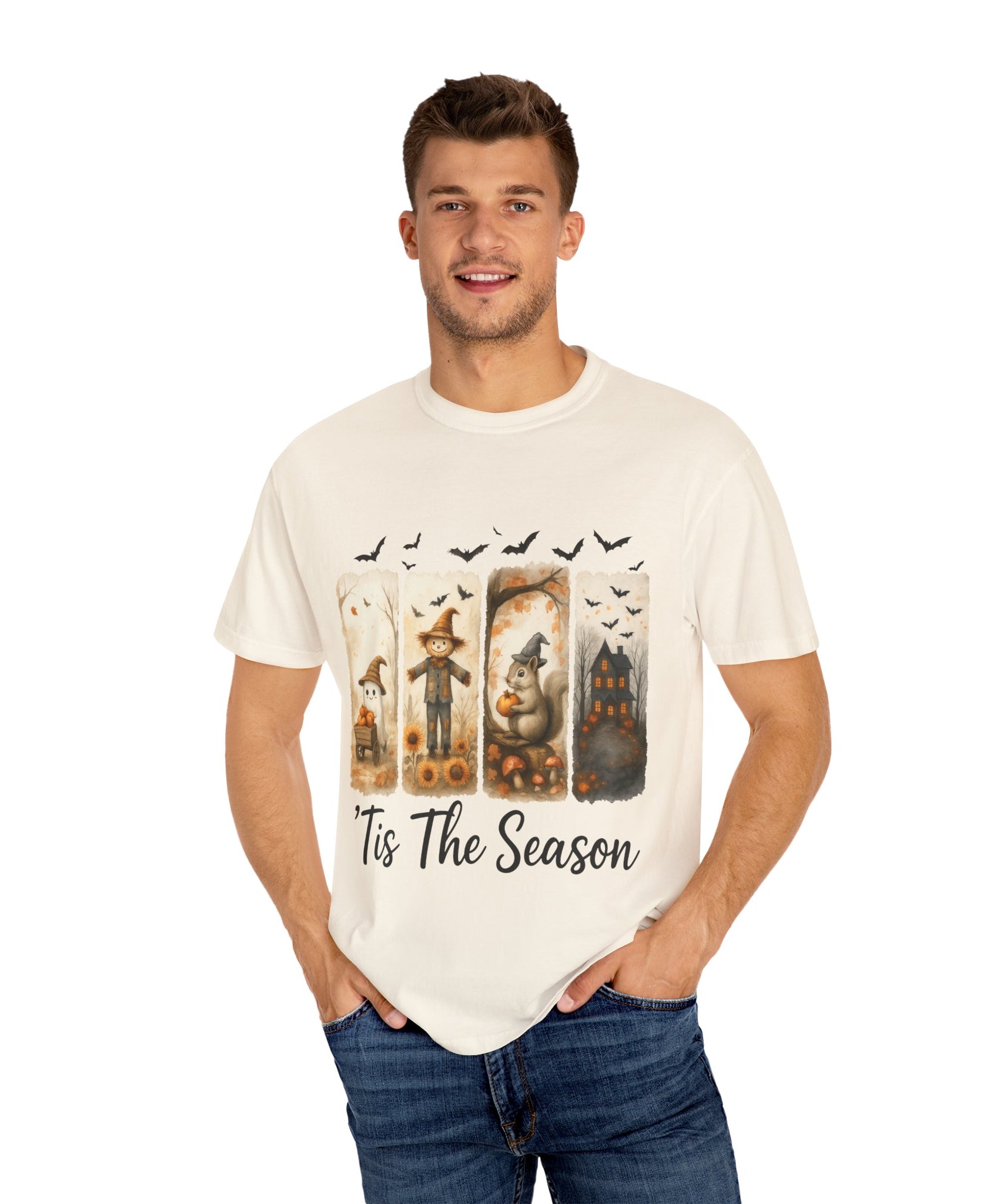 Tis The Season Fall Halloween T-Shirt – Cute Ghost, Scarecrow, Squirrel & Haunted House Design - Gallory Hive