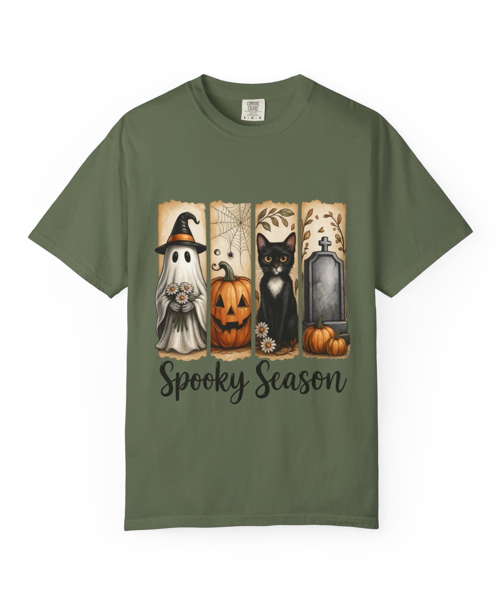 Spooky Season Halloween Unisex T-Shirt – Ghost, Cat & Pumpkin Design - Gallory Hive