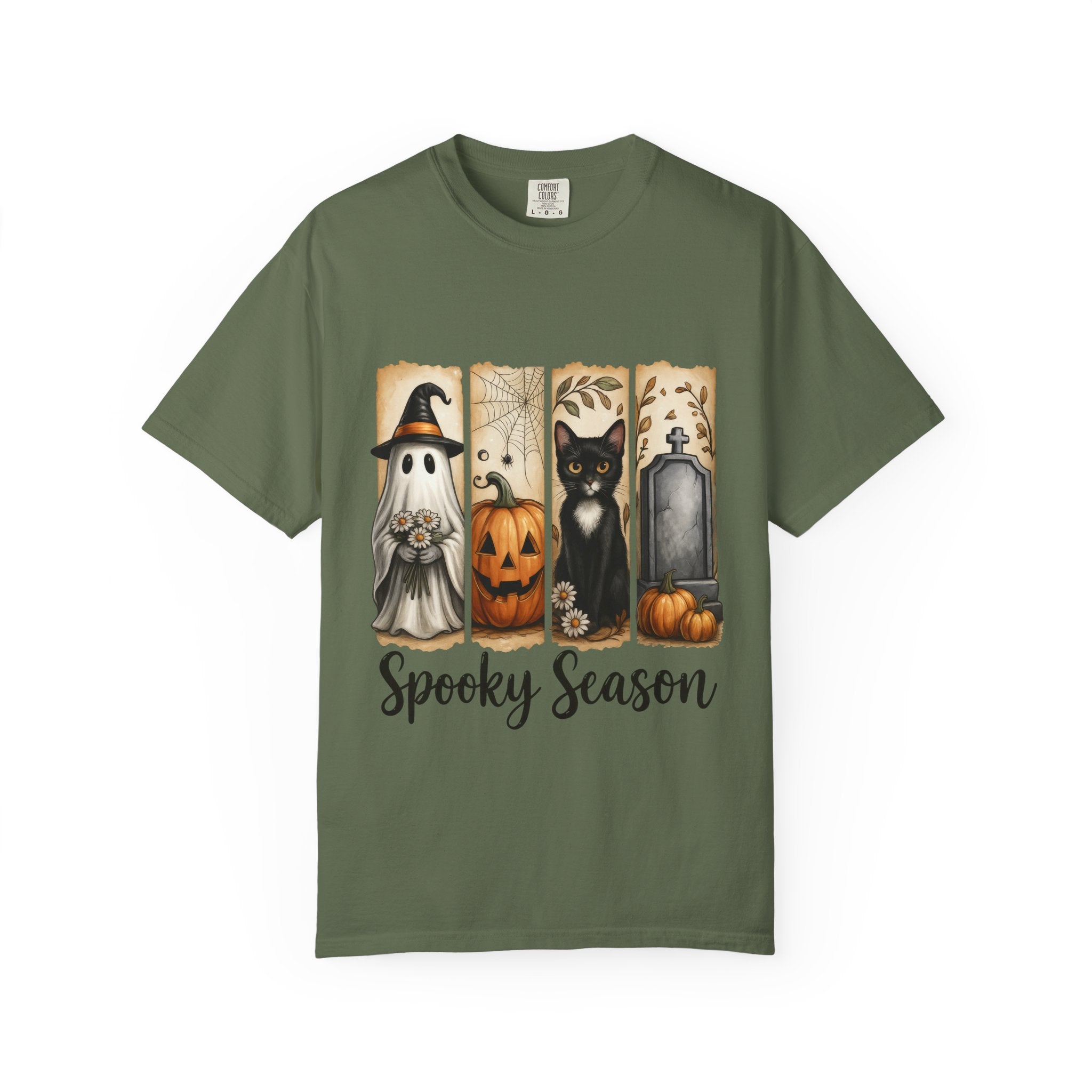 Spooky Season Halloween Unisex T-Shirt – Ghost, Cat & Pumpkin Design - Gallory Hive
