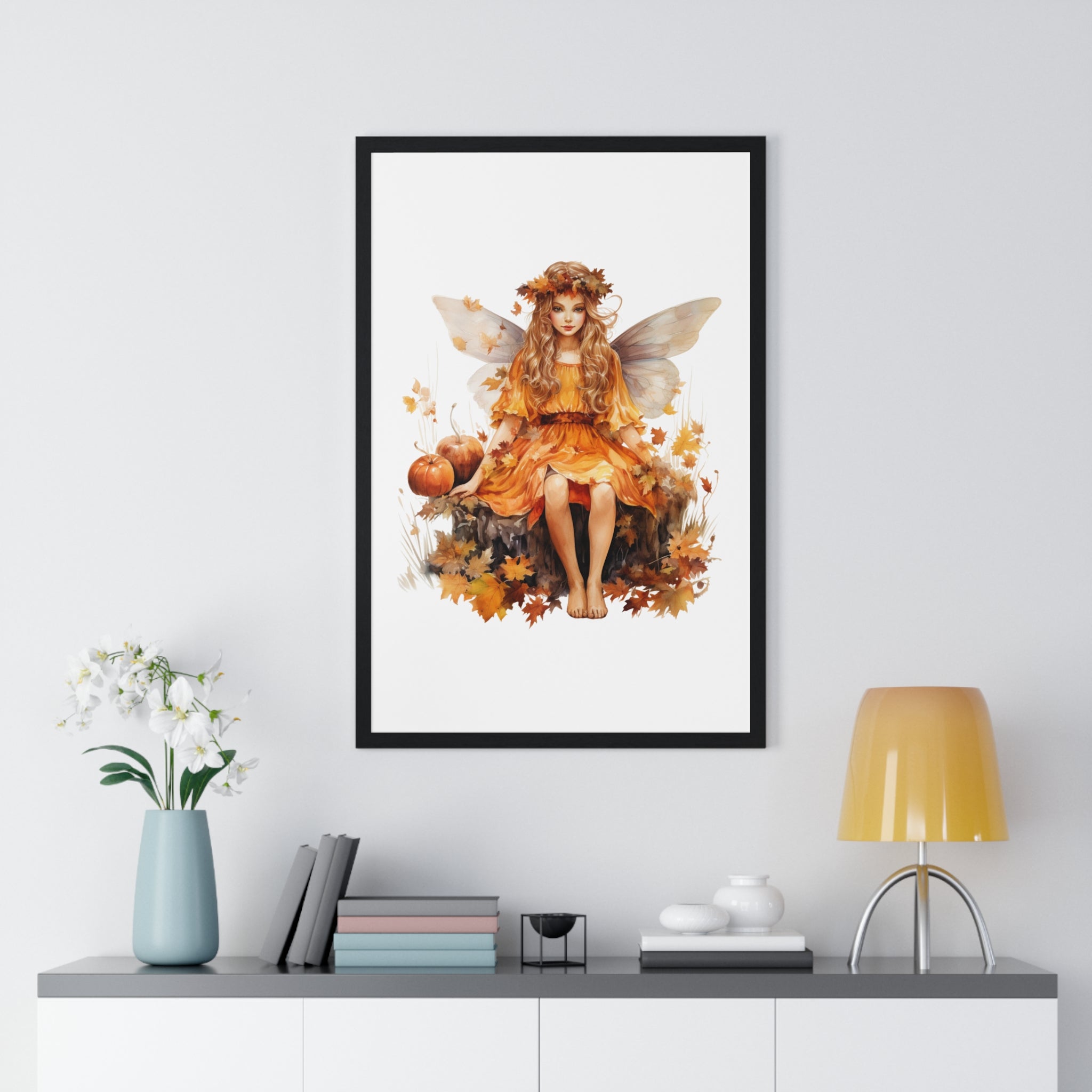 Fall Fairy Wall Art – Orange Dress Woodland Fairy with Pumpkins | Wooden Frame Poster for Autumn Home Decor