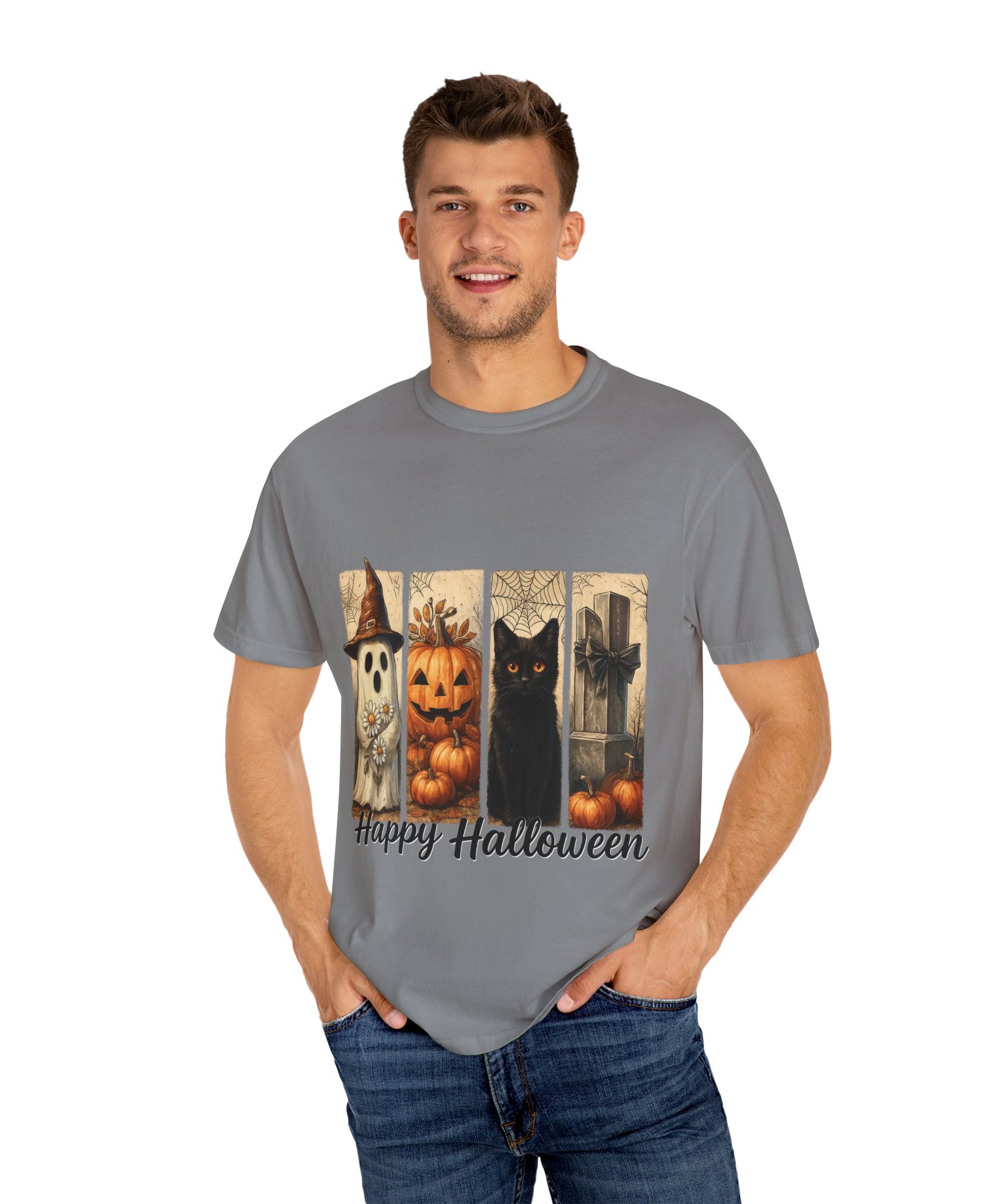 Happy Halloween Unisex T-Shirt – Ghost, Black Cat & Pumpkin Graphic Tee - Gallory Hive