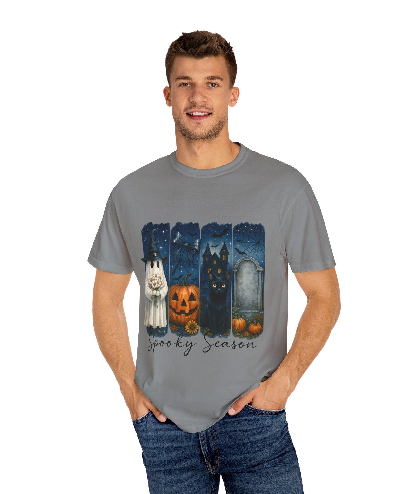 Spooky Season Halloween T-Shirt – Ghost, Black Cat, Pumpkin & Haunted House Design - Gallory Hive