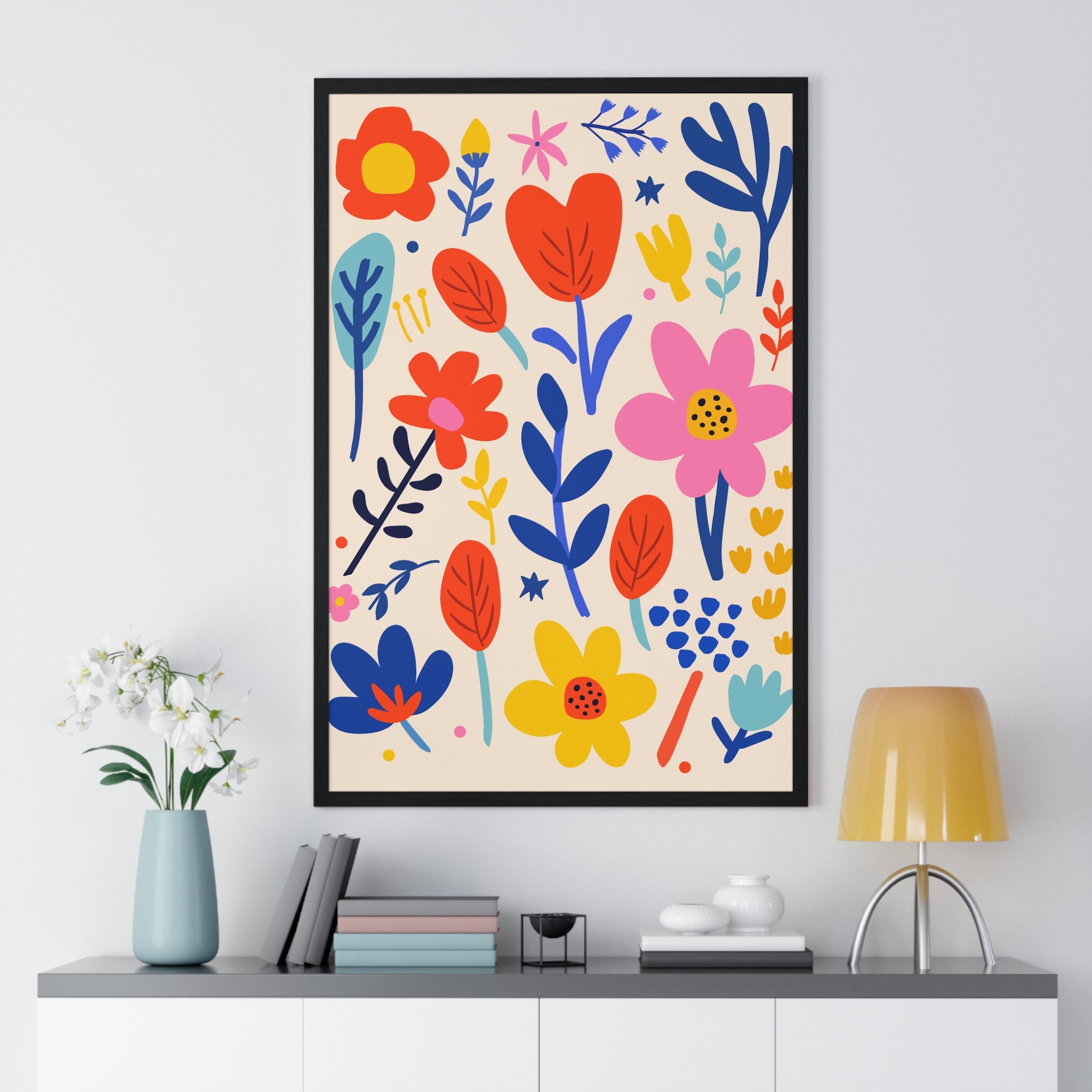 Vibrant Abstract Floral Illustrations in Premium Wood Frames (57 characters)