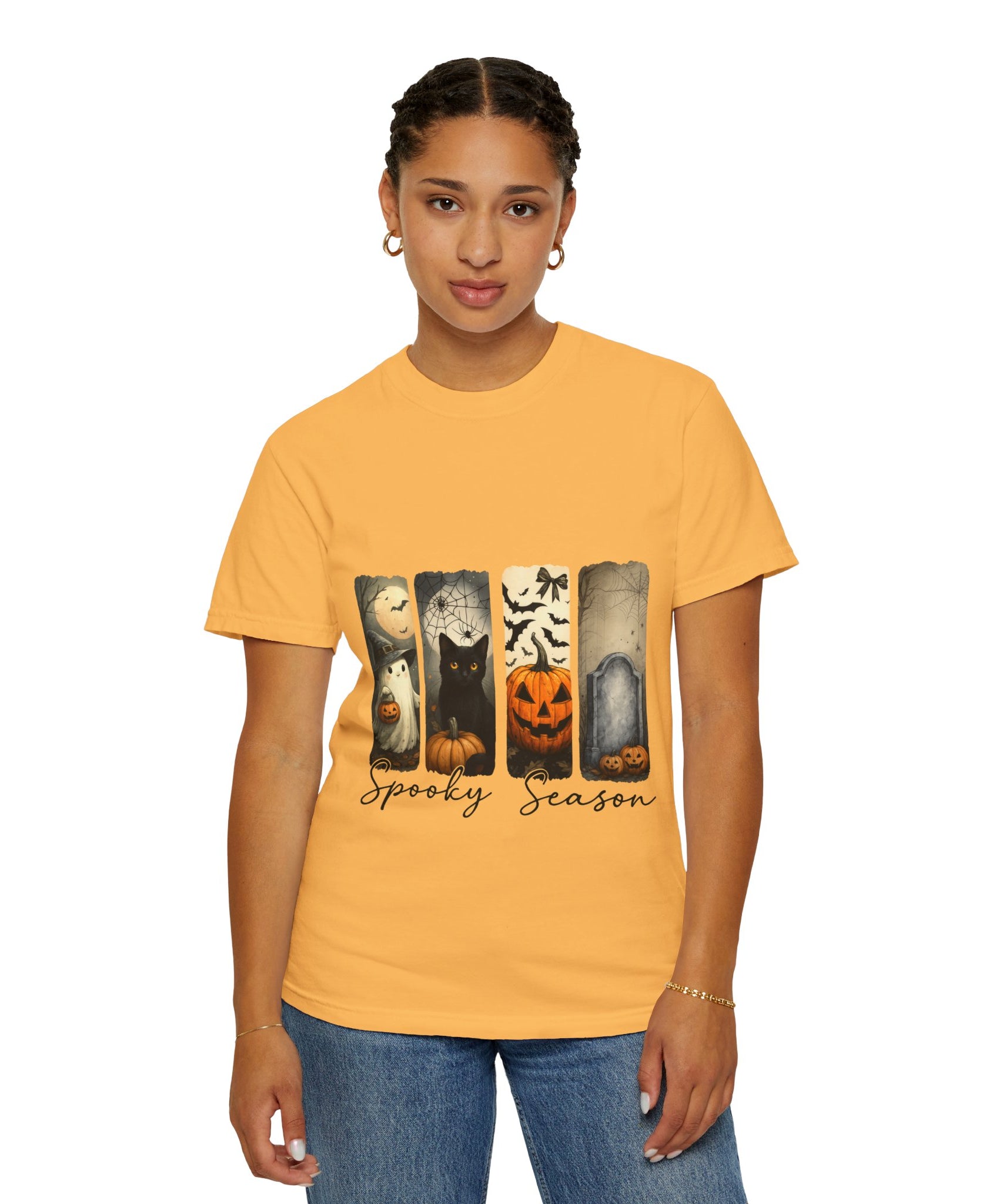 Halloween Night Unisex T-Shirt – Ghost, Black Cat, Pumpkin & Tombstone Vintage Art - Gallory Hive