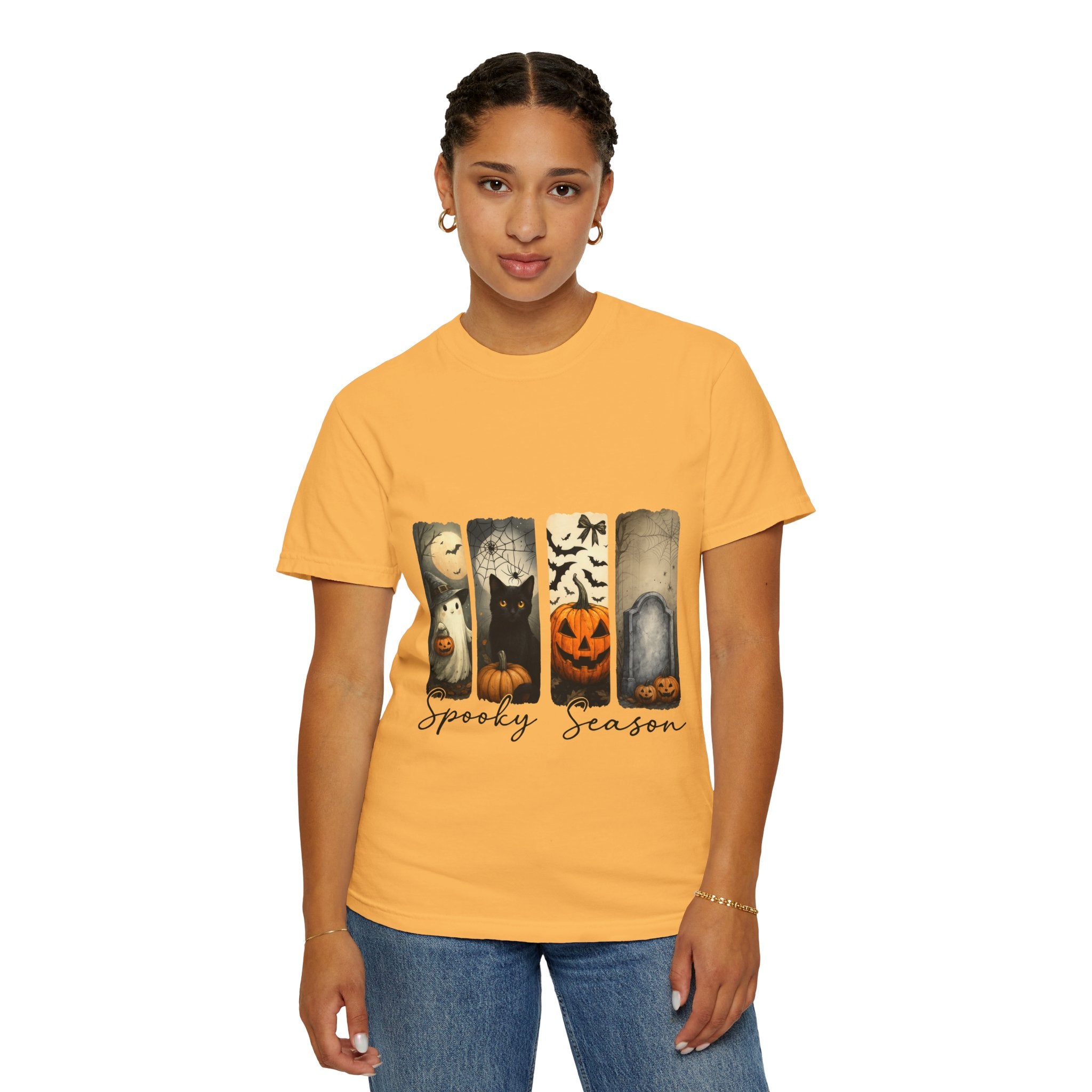 Halloween Night Unisex T-Shirt – Ghost, Black Cat, Pumpkin & Tombstone Vintage Art - Gallory Hive